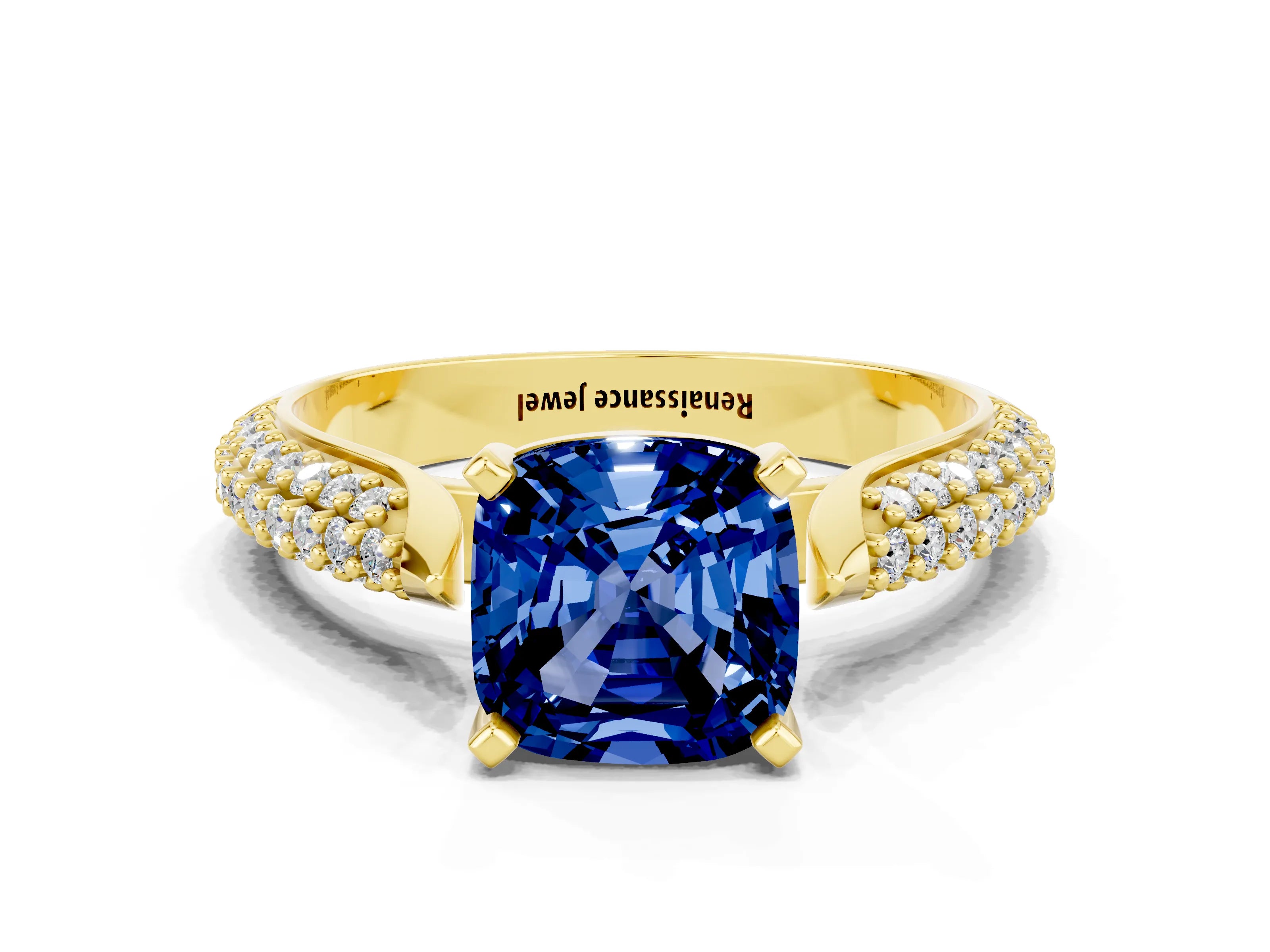 Yellow gold Cushion Cut Diamond Solitaire Engagement Ring with Pavé Band and Four-Prong Setting