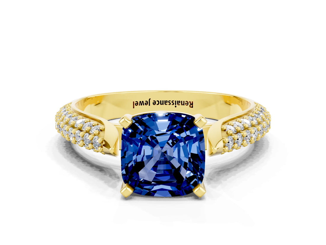 Yellow gold Cushion Cut Diamond Solitaire Engagement Ring with Pavé Band and Four-Prong Setting