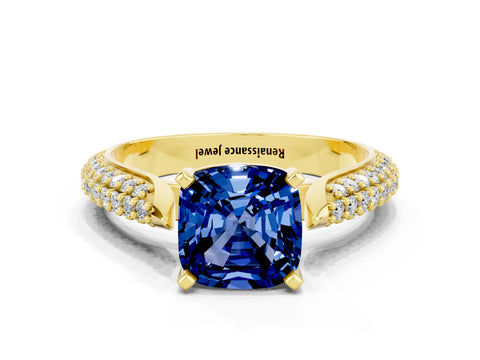Yellow gold Cushion Cut Diamond Solitaire Engagement Ring with Pavé Band and Four-Prong Setting