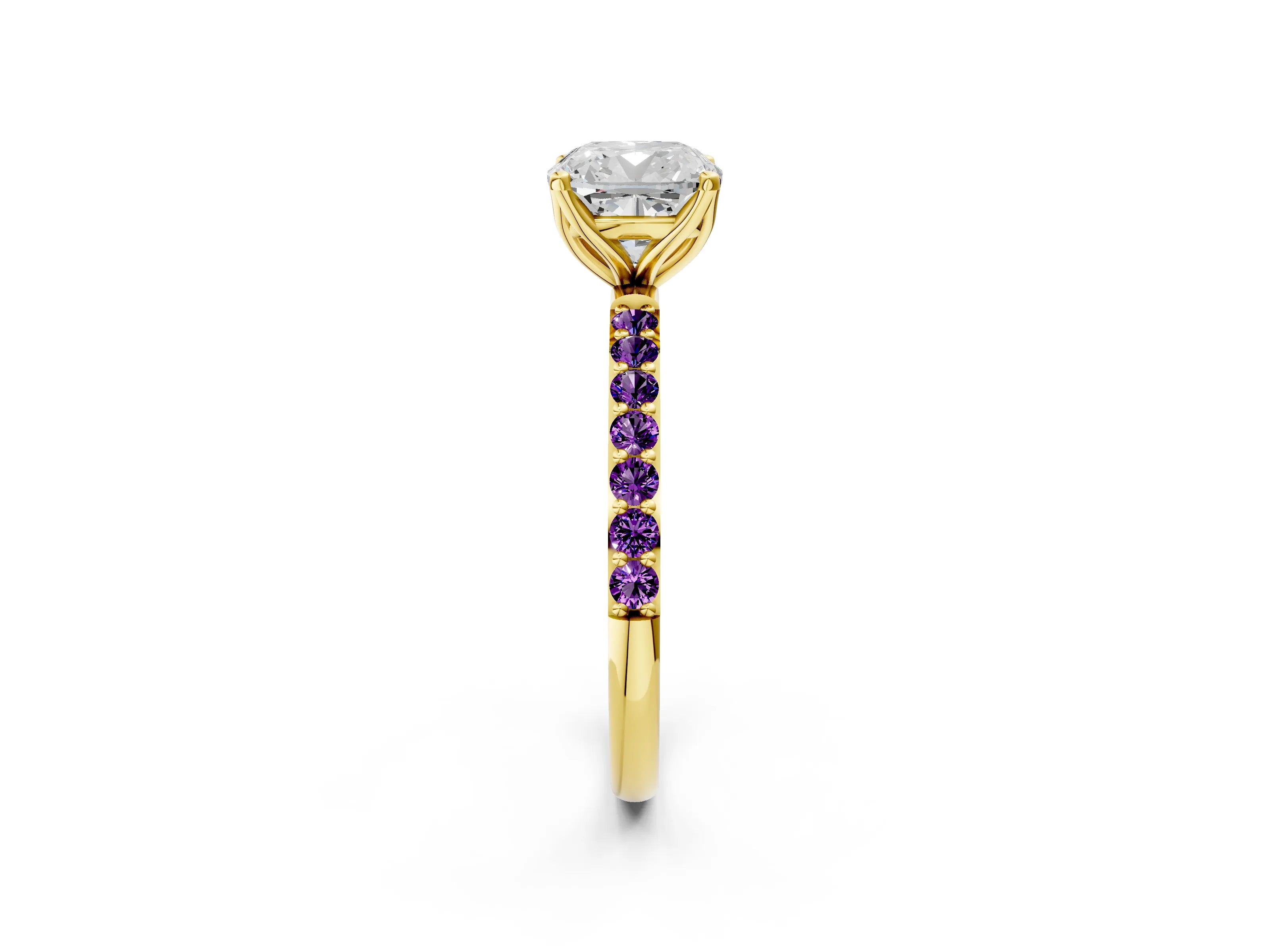 Yellow gold Cushion Cut Diamond Solitaire Engagement Ring with Round with Amethyst side stone Pavé Band and Prong Setting_2