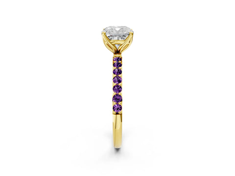 Yellow gold Cushion Cut Diamond Solitaire Engagement Ring with Round with Amethyst side stone Pavé Band and Prong Setting_2