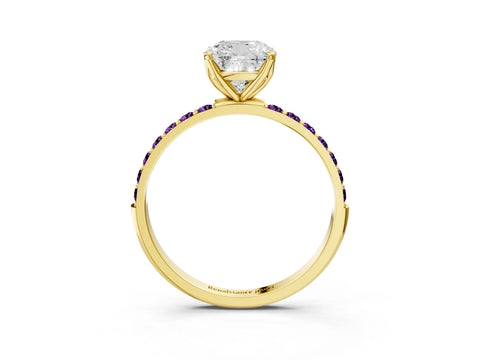 Yellow gold Cushion Cut Diamond Solitaire Engagement Ring with Round with Amethyst side stone Pavé Band and Prong Setting_3