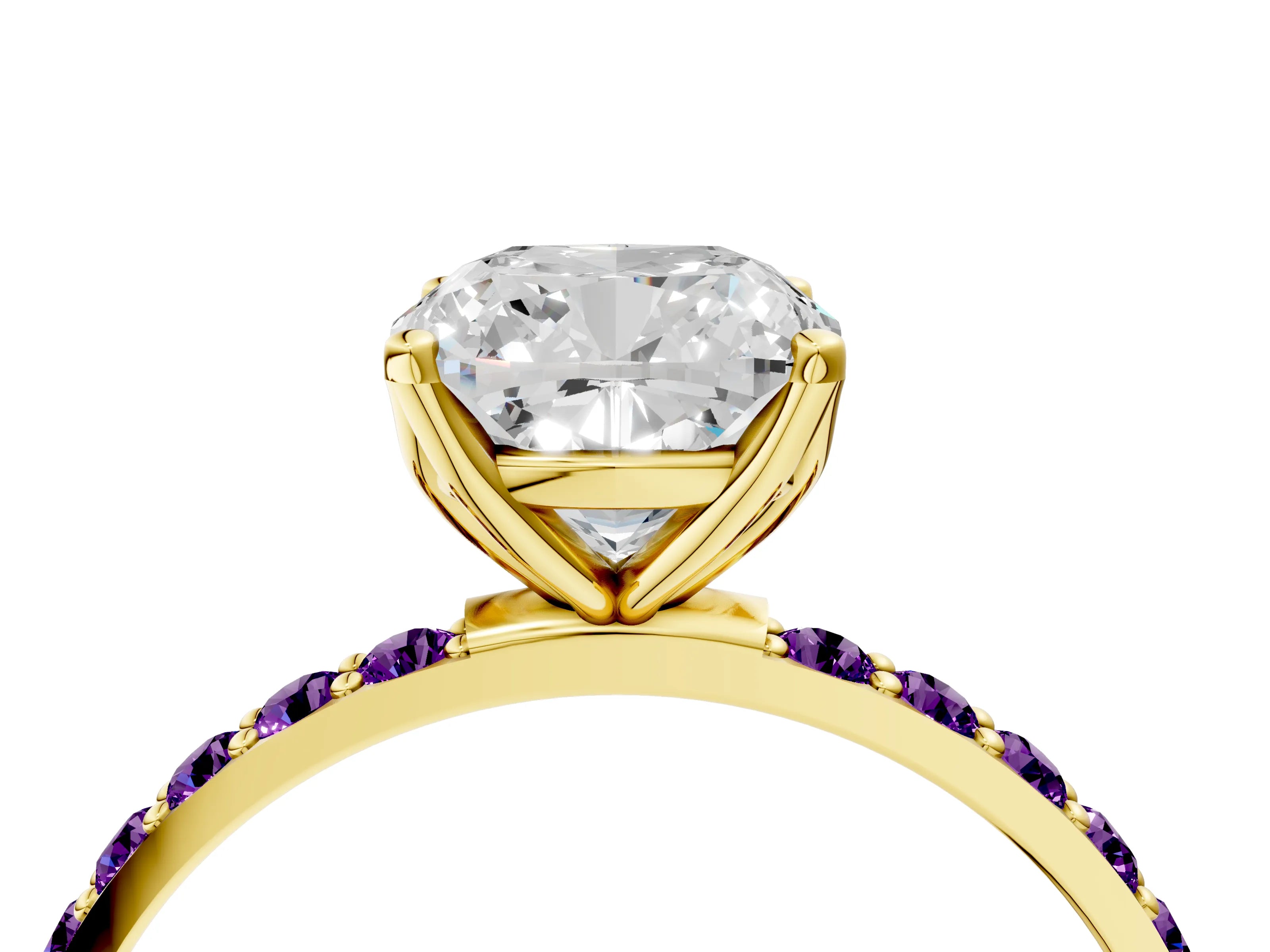 Yellow gold Cushion Cut Diamond Solitaire Engagement Ring with Round with Amethyst side stone Pavé Band and Prong Setting_4