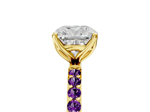 Yellow gold Cushion Cut Diamond Solitaire Engagement Ring with Round with Amethyst side stone Pavé Band and Prong Setting_5