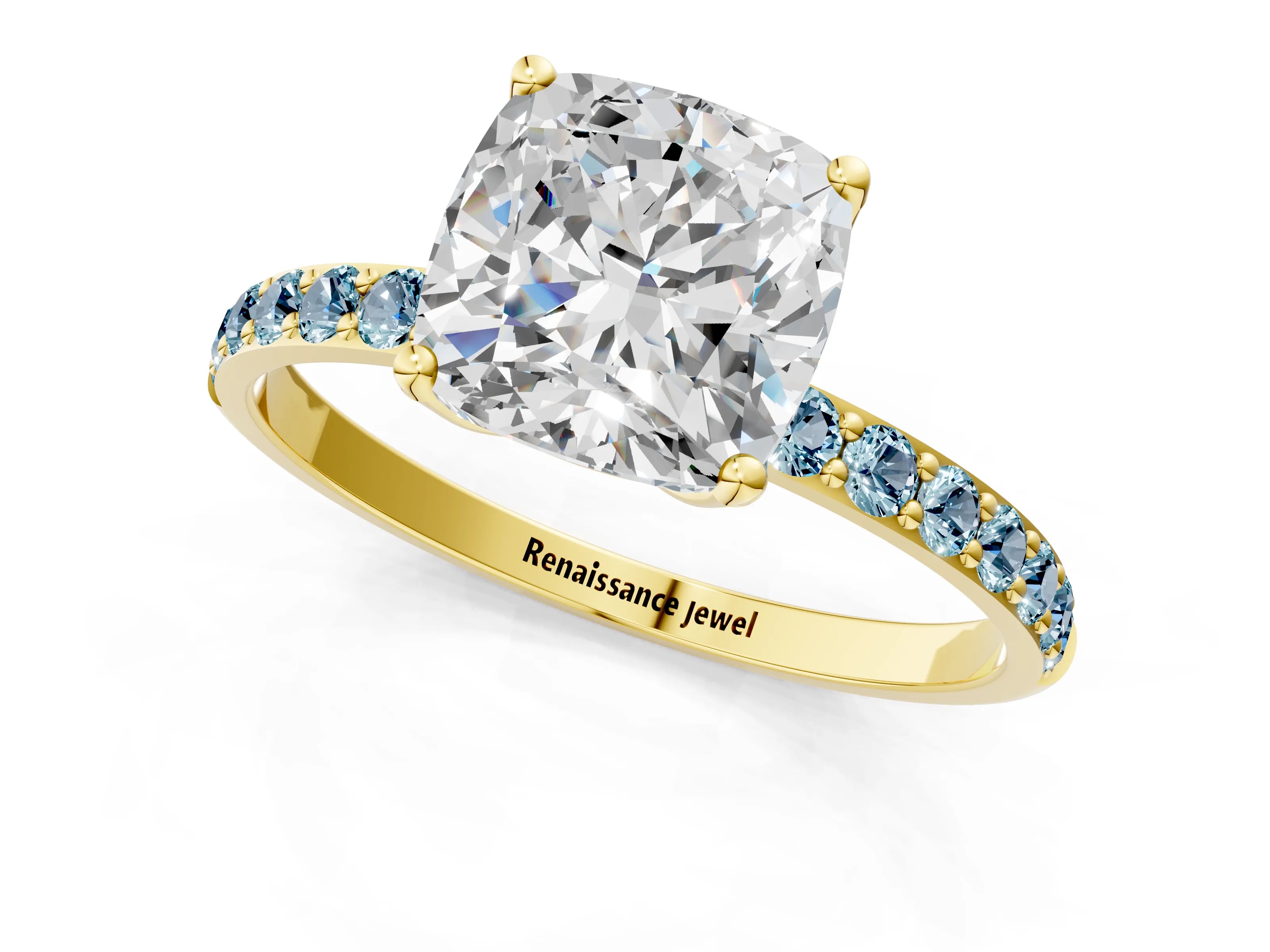 Yellow gold Cushion Cut Diamond Solitaire Engagement Ring with Round with Aquamarine side stone Pavé Band and Prong Setting_1