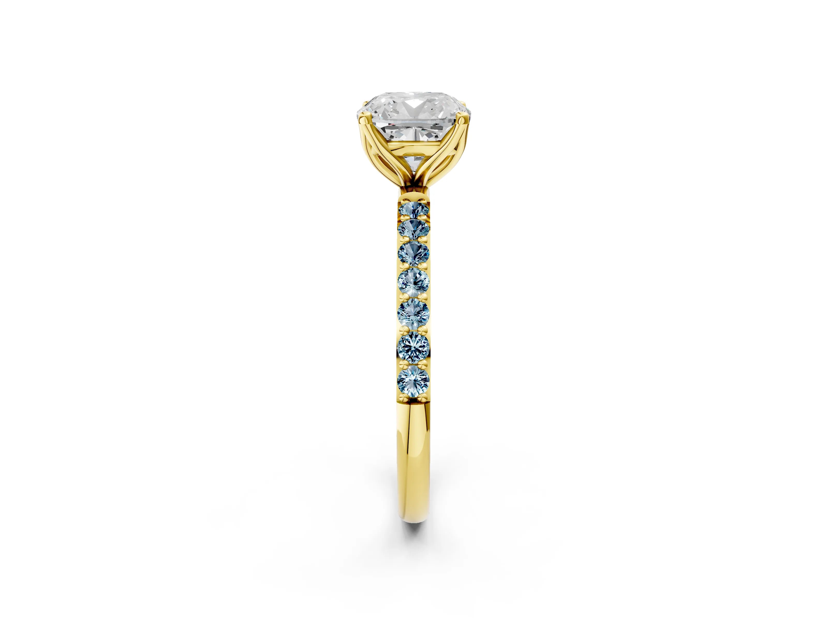 Yellow gold Cushion Cut Diamond Solitaire Engagement Ring with Round with Aquamarine side stone Pavé Band and Prong Setting_2