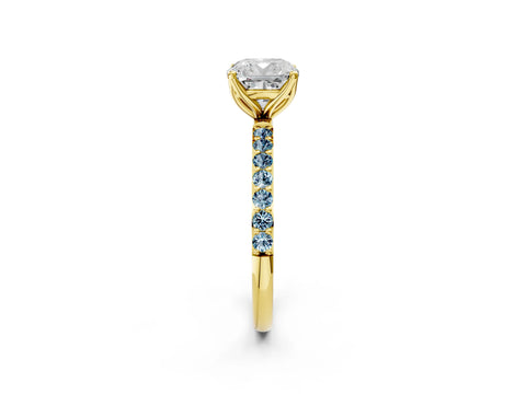 Yellow gold Cushion Cut Diamond Solitaire Engagement Ring with Round with Aquamarine side stone Pavé Band and Prong Setting_2