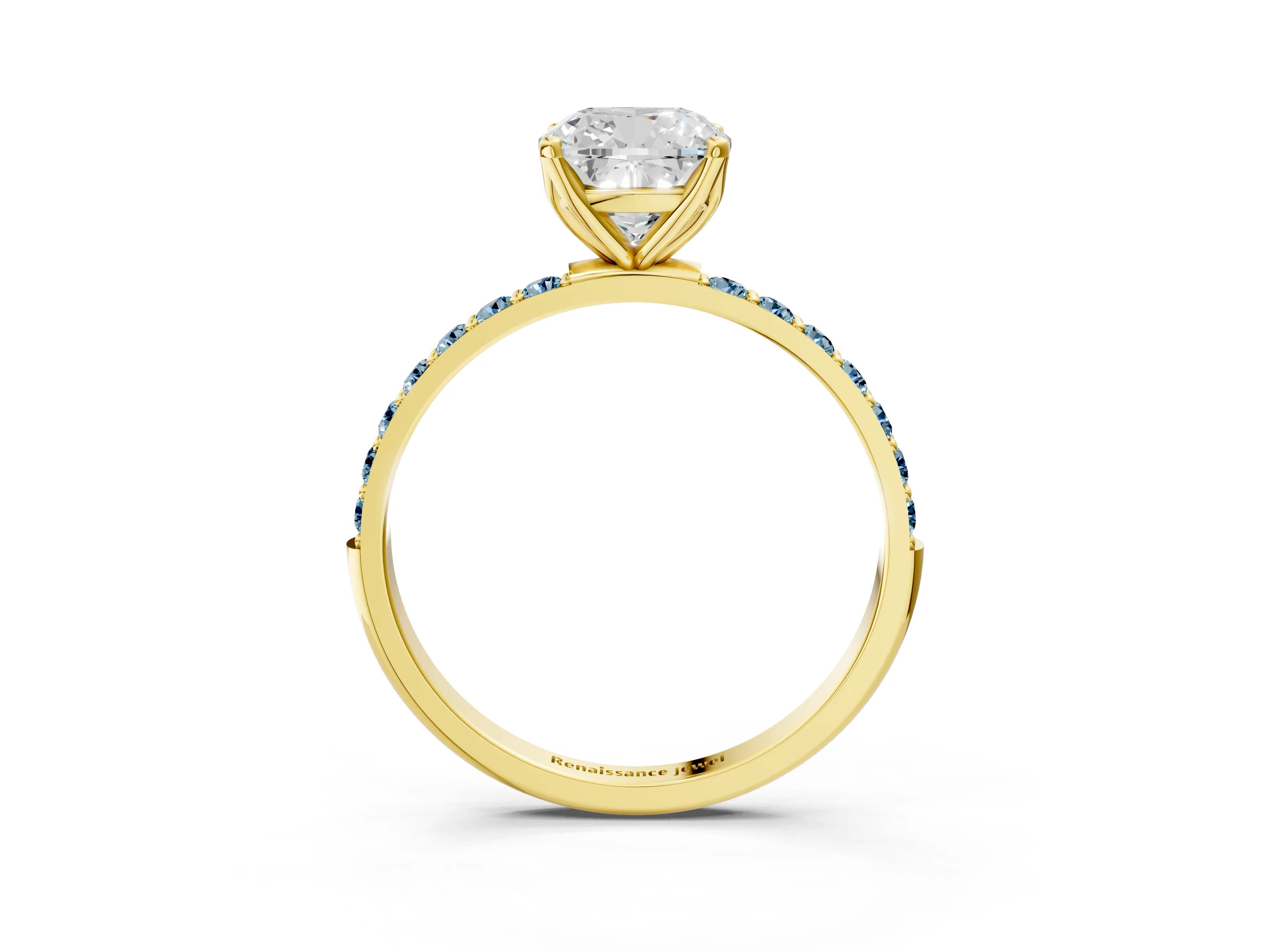 Yellow gold Cushion Cut Diamond Solitaire Engagement Ring with Round with Aquamarine side stone Pavé Band and Prong Setting_3