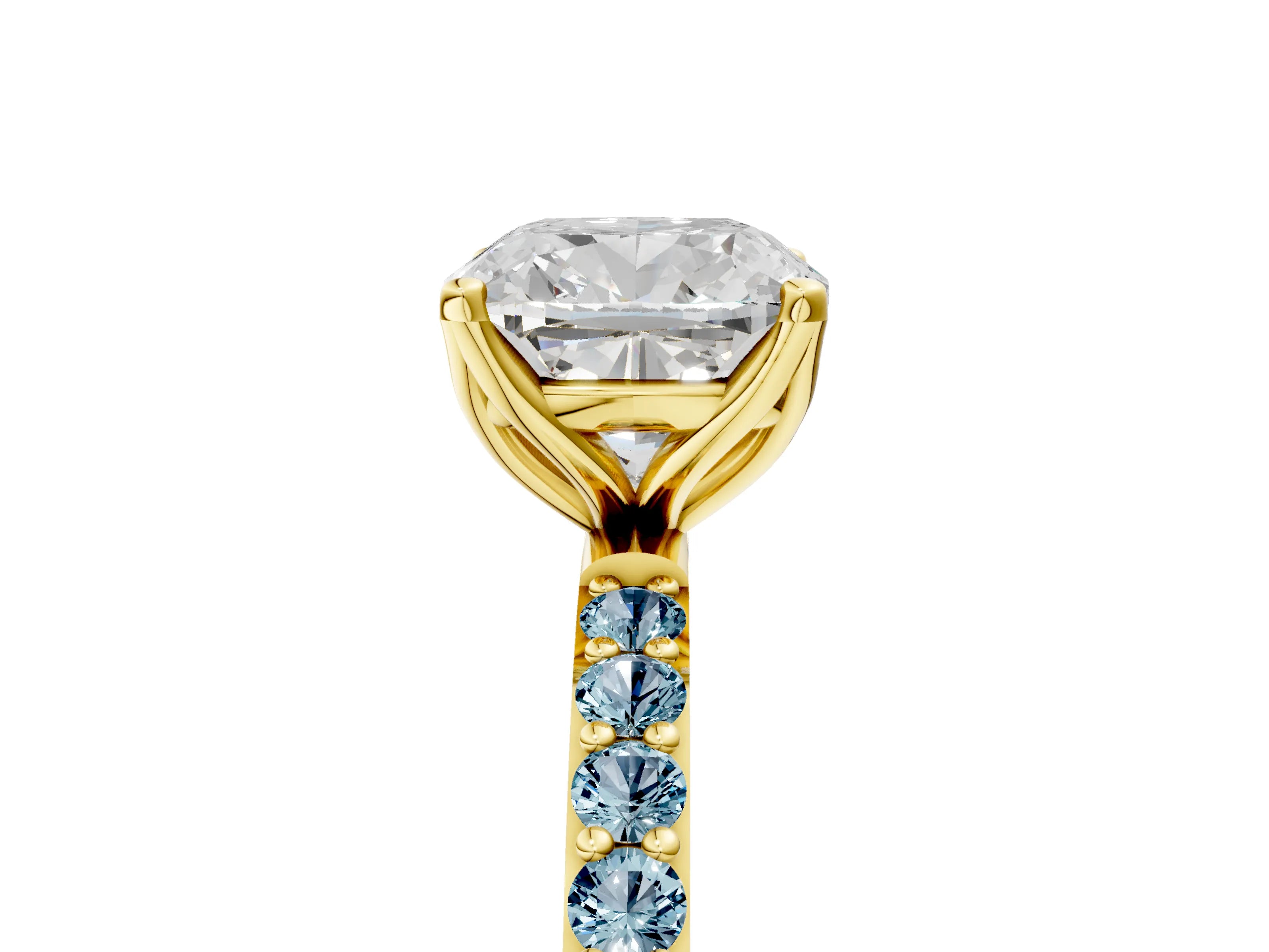 Yellow gold Cushion Cut Diamond Solitaire Engagement Ring with Round with Aquamarine side stone Pavé Band and Prong Setting_5