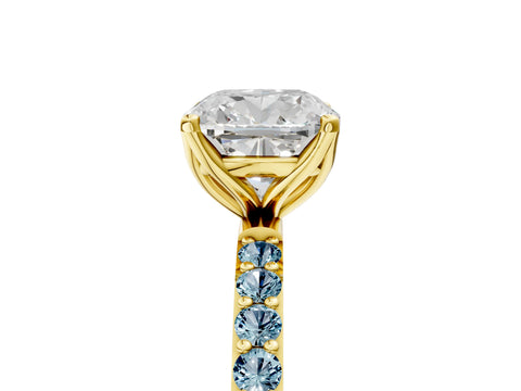 Yellow gold Cushion Cut Diamond Solitaire Engagement Ring with Round with Aquamarine side stone Pavé Band and Prong Setting_5
