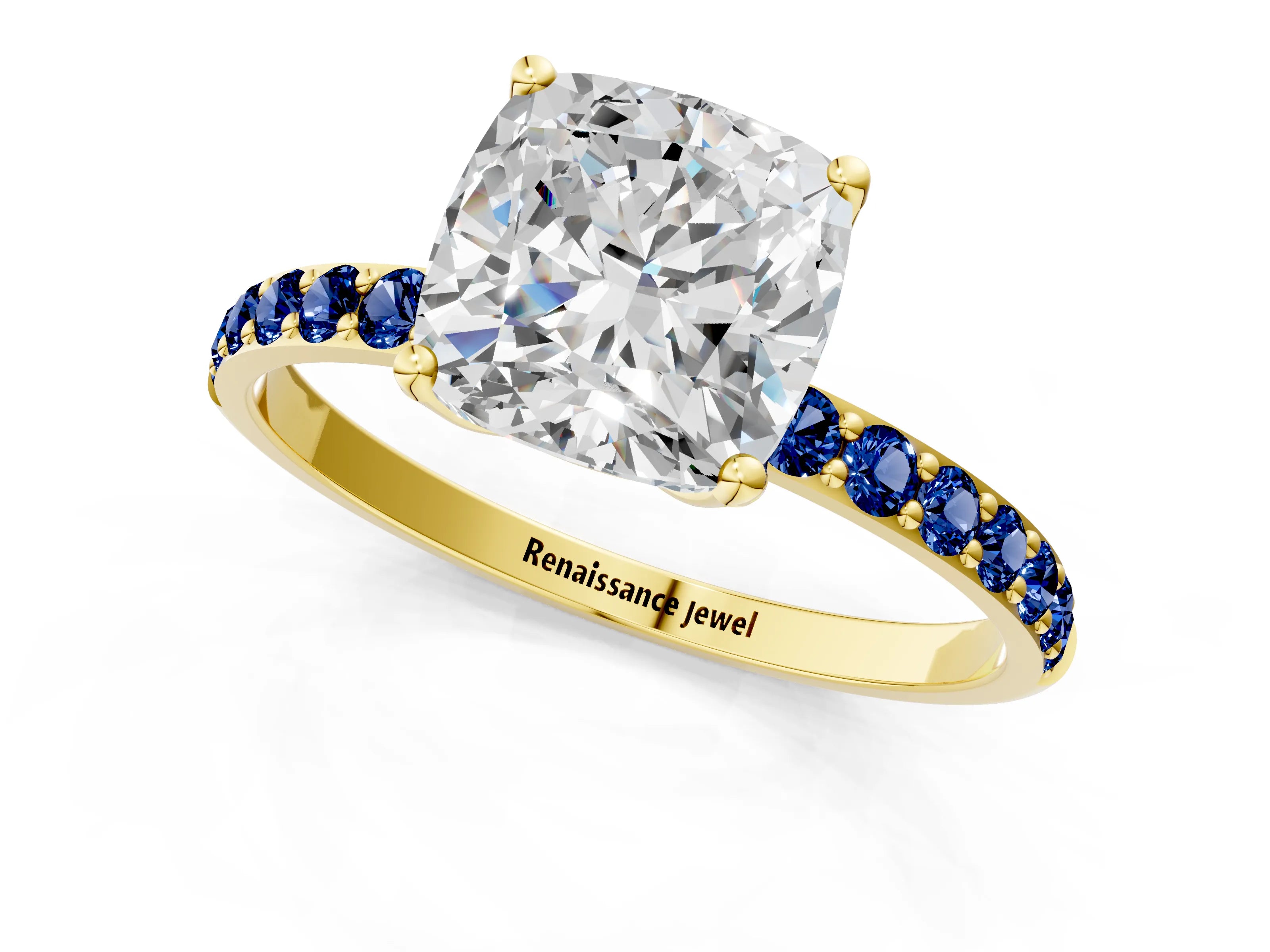Yellow gold Cushion Cut Diamond Solitaire Engagement Ring with Round with Blue Sapphire side stone Pavé Band and Prong Setting_1