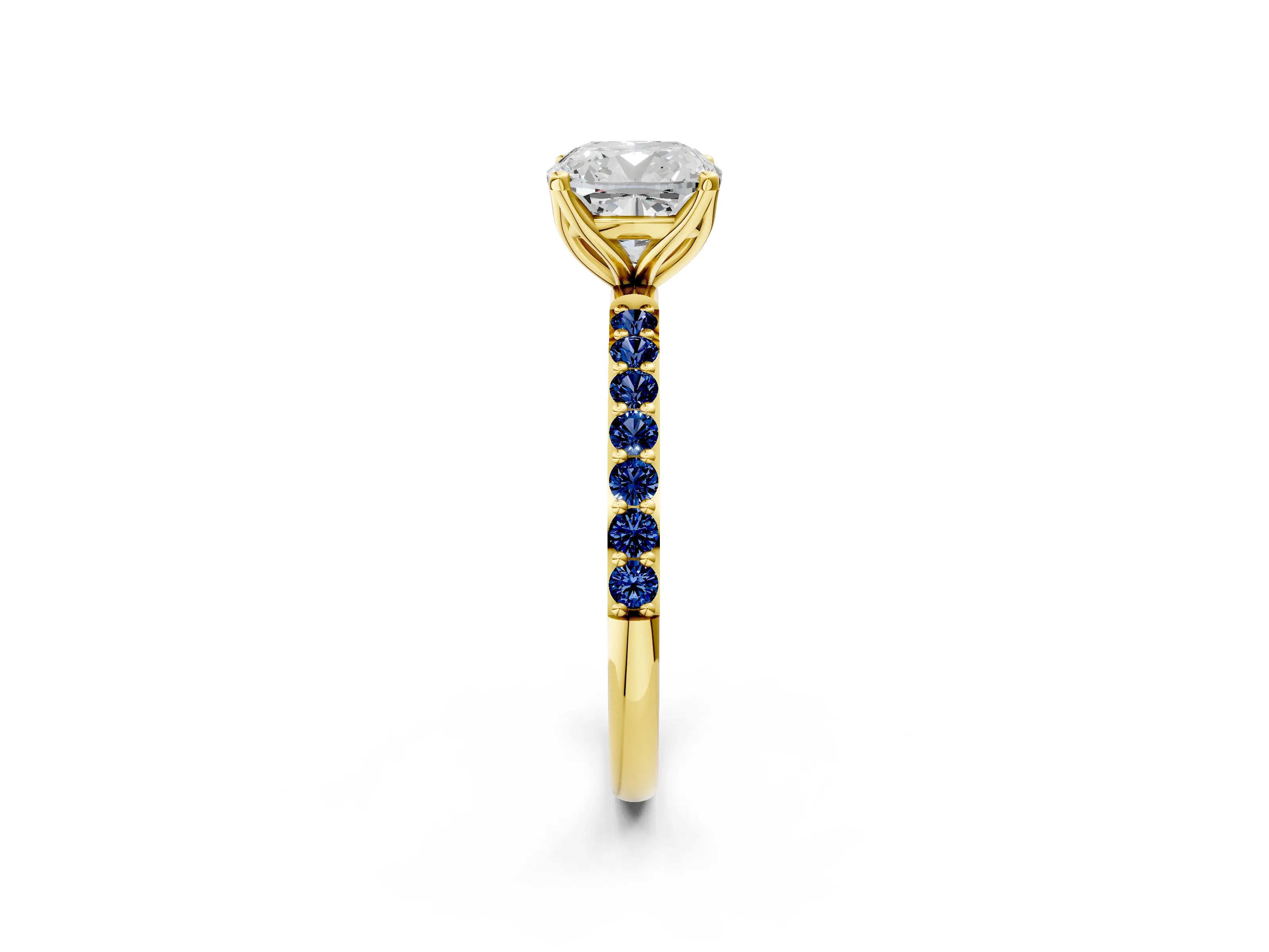 Yellow gold Cushion Cut Diamond Solitaire Engagement Ring with Round with Blue Sapphire side stone Pavé Band and Prong Setting_2