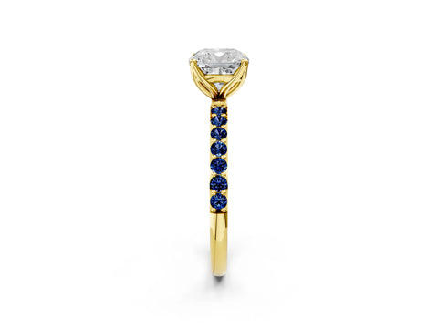 Yellow gold Cushion Cut Diamond Solitaire Engagement Ring with Round with Blue Sapphire side stone Pavé Band and Prong Setting_2