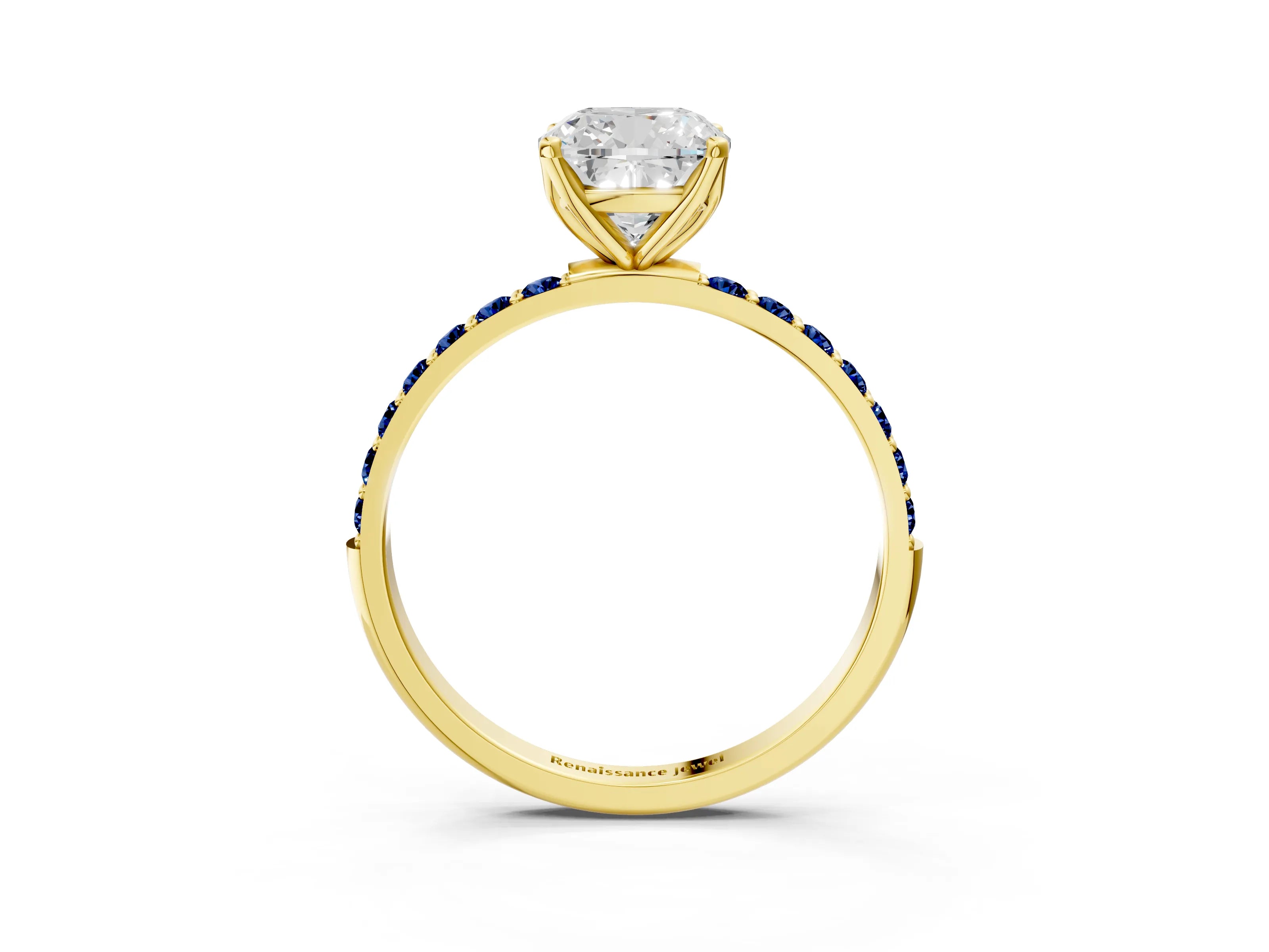 Yellow gold Cushion Cut Diamond Solitaire Engagement Ring with Round with Blue Sapphire side stone Pavé Band and Prong Setting_3