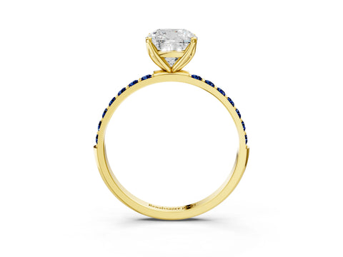 Yellow gold Cushion Cut Diamond Solitaire Engagement Ring with Round with Blue Sapphire side stone Pavé Band and Prong Setting_3