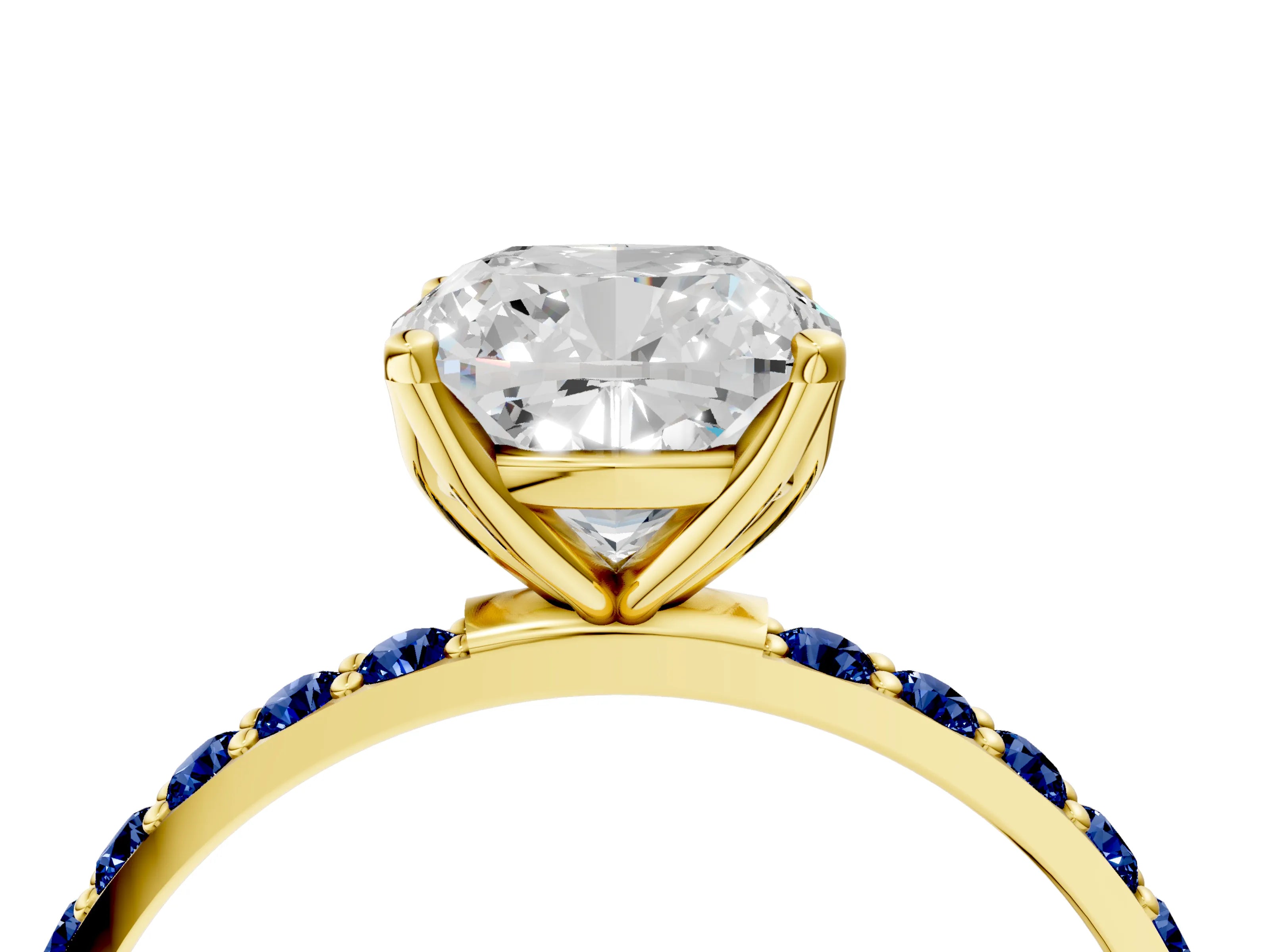 Yellow gold Cushion Cut Diamond Solitaire Engagement Ring with Round with Blue Sapphire side stone Pavé Band and Prong Setting_4