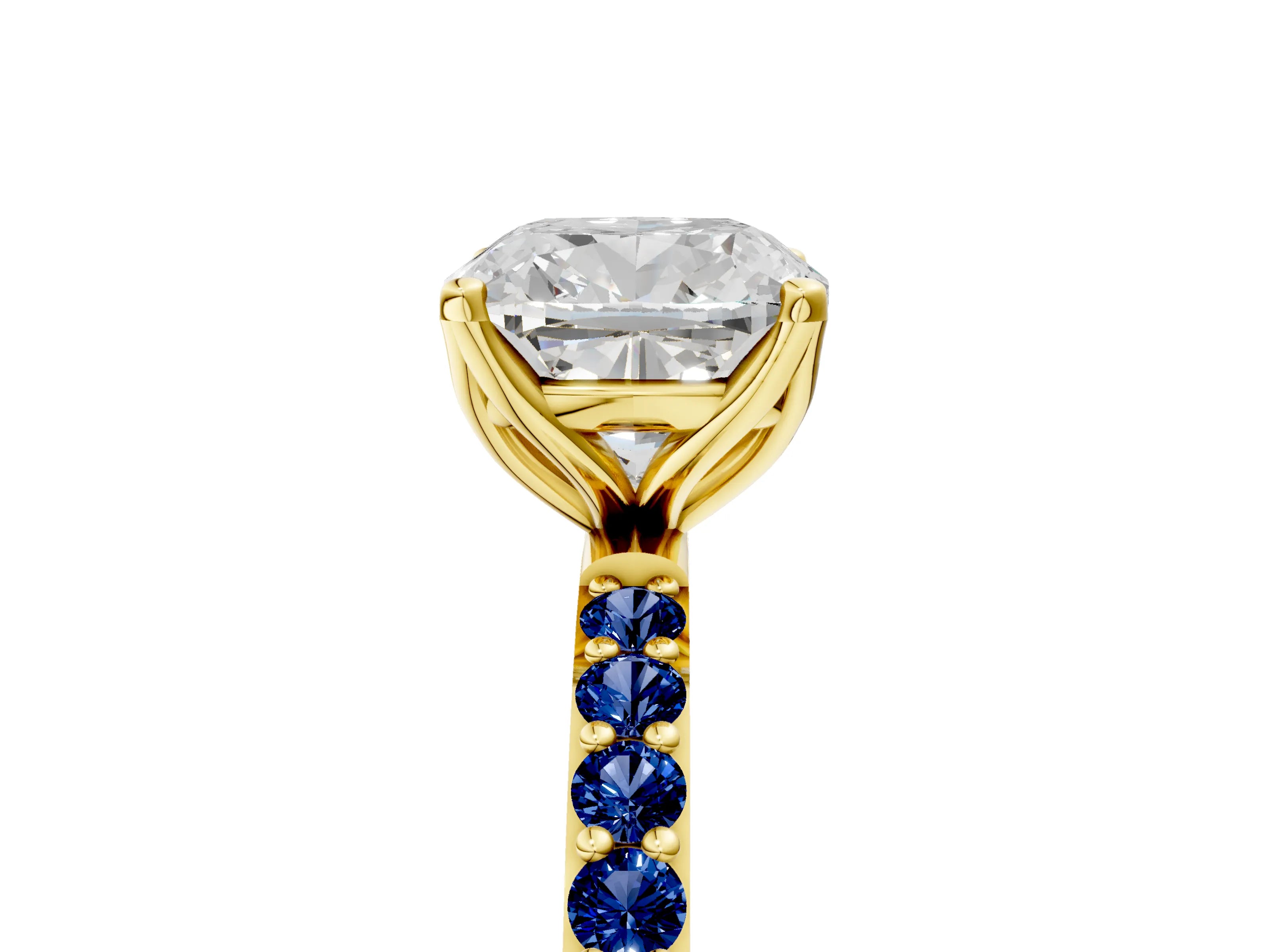 Yellow gold Cushion Cut Diamond Solitaire Engagement Ring with Round with Blue Sapphire side stone Pavé Band and Prong Setting_5