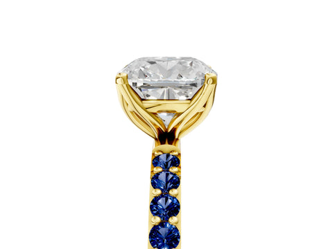 Yellow gold Cushion Cut Diamond Solitaire Engagement Ring with Round with Blue Sapphire side stone Pavé Band and Prong Setting_5