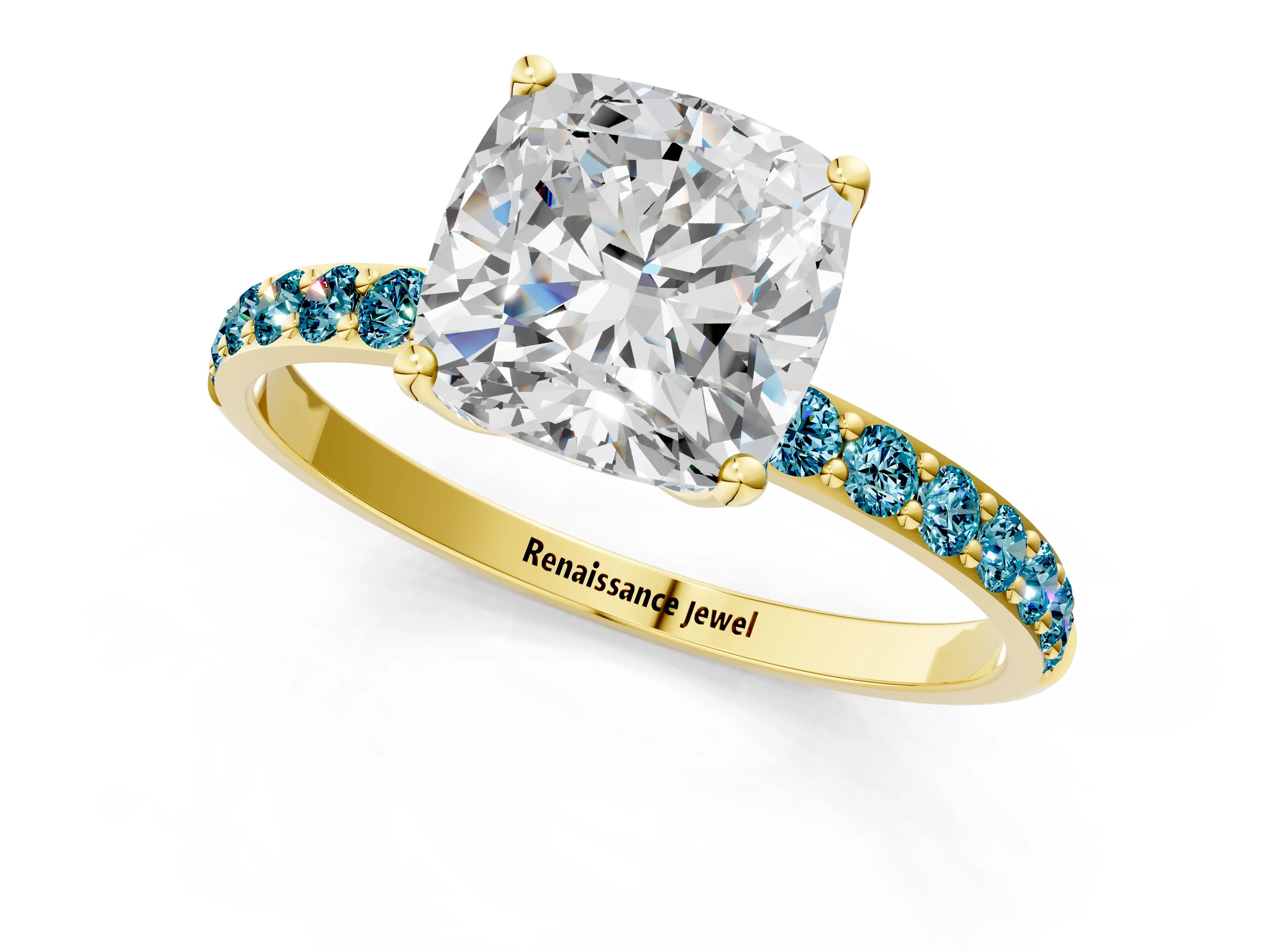 Yellow gold Cushion Cut Diamond Solitaire Engagement Ring with Round with Blue Topaz side stone Pavé Band and Prong Setting_1