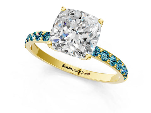 Yellow gold Cushion Cut Diamond Solitaire Engagement Ring with Round with Blue Topaz side stone Pavé Band and Prong Setting_1