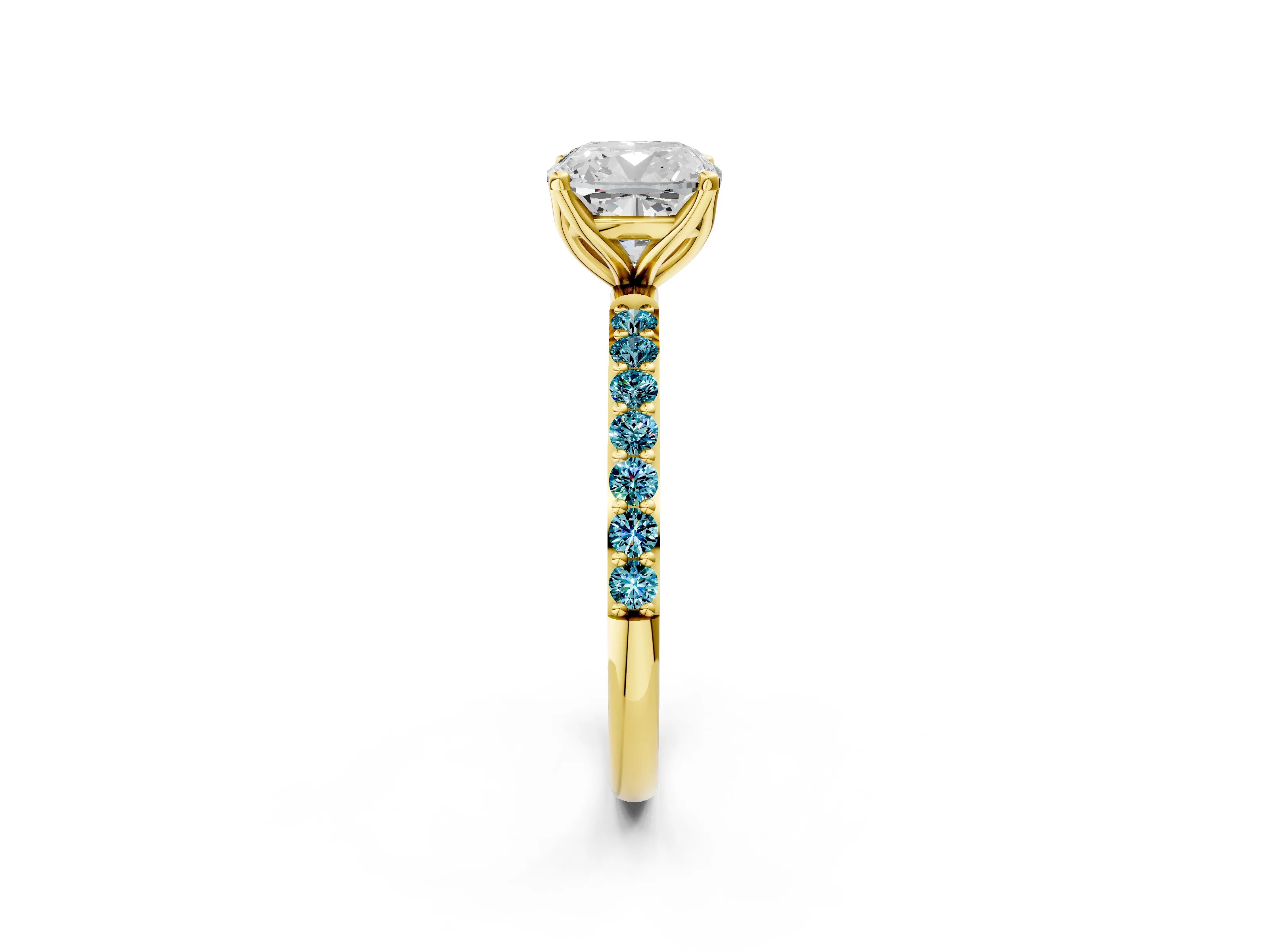 Yellow gold Cushion Cut Diamond Solitaire Engagement Ring with Round with Blue Topaz side stone Pavé Band and Prong Setting_2