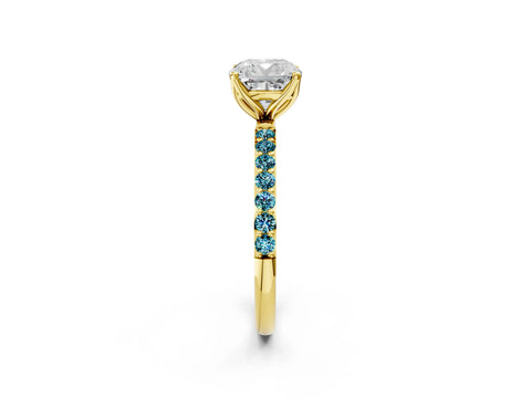 Yellow gold Cushion Cut Diamond Solitaire Engagement Ring with Round with Blue Topaz side stone Pavé Band and Prong Setting_2