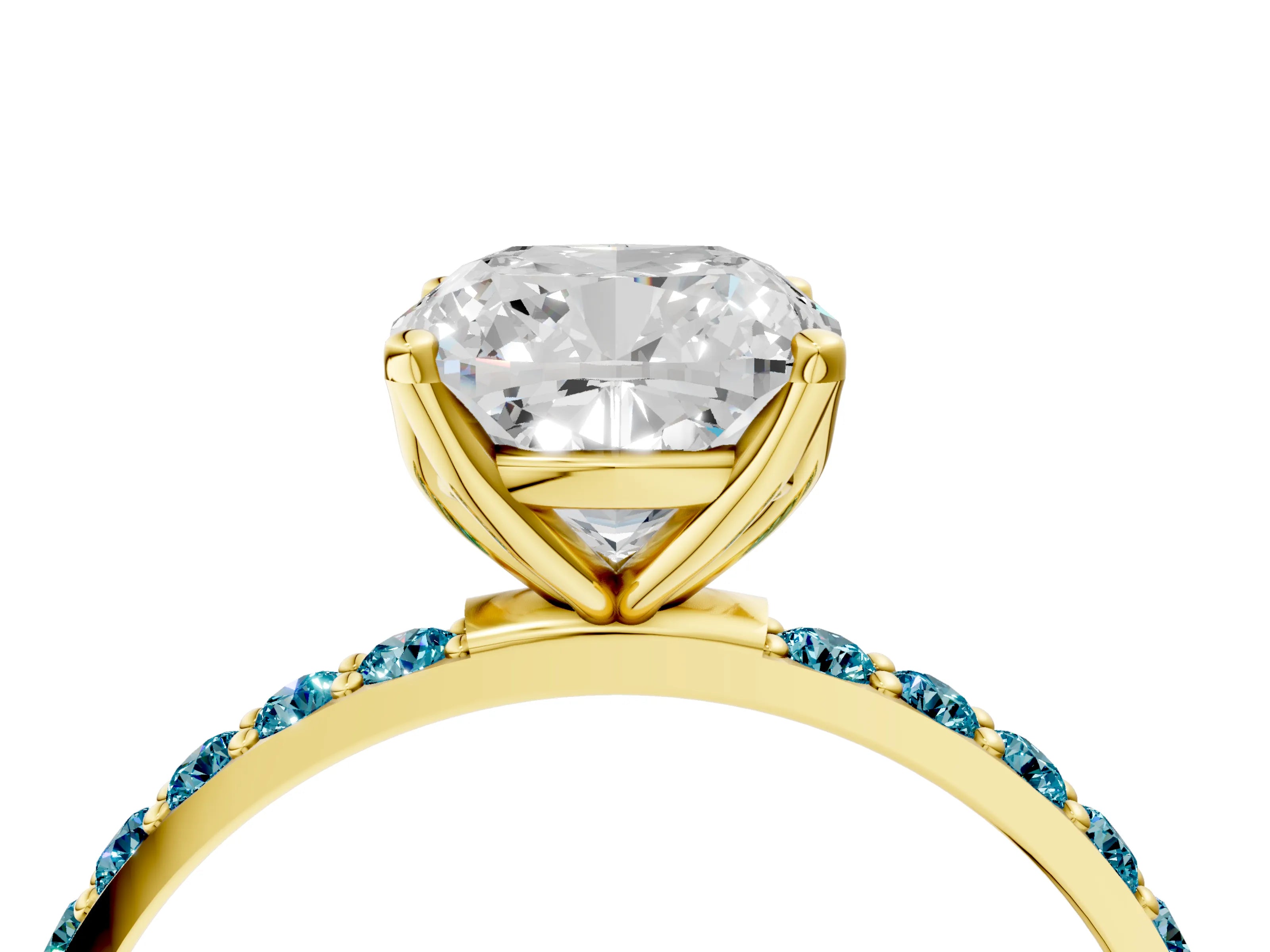 Yellow gold Cushion Cut Diamond Solitaire Engagement Ring with Round with Blue Topaz side stone Pavé Band and Prong Setting_4