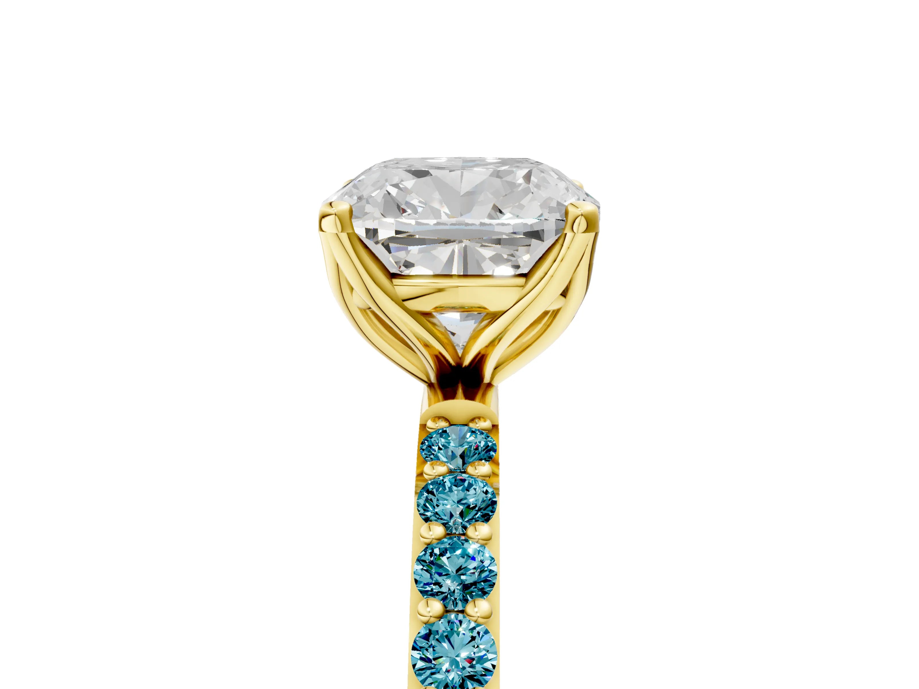 Yellow gold Cushion Cut Diamond Solitaire Engagement Ring with Round with Blue Topaz side stone Pavé Band and Prong Setting_5