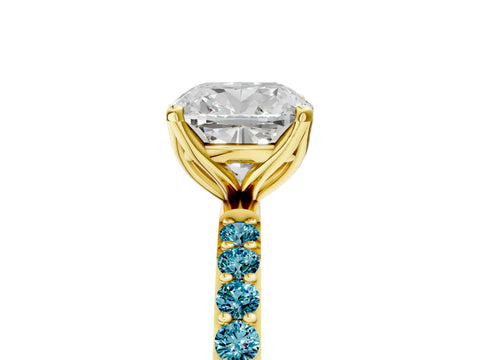 Yellow gold Cushion Cut Diamond Solitaire Engagement Ring with Round with Blue Topaz side stone Pavé Band and Prong Setting_5