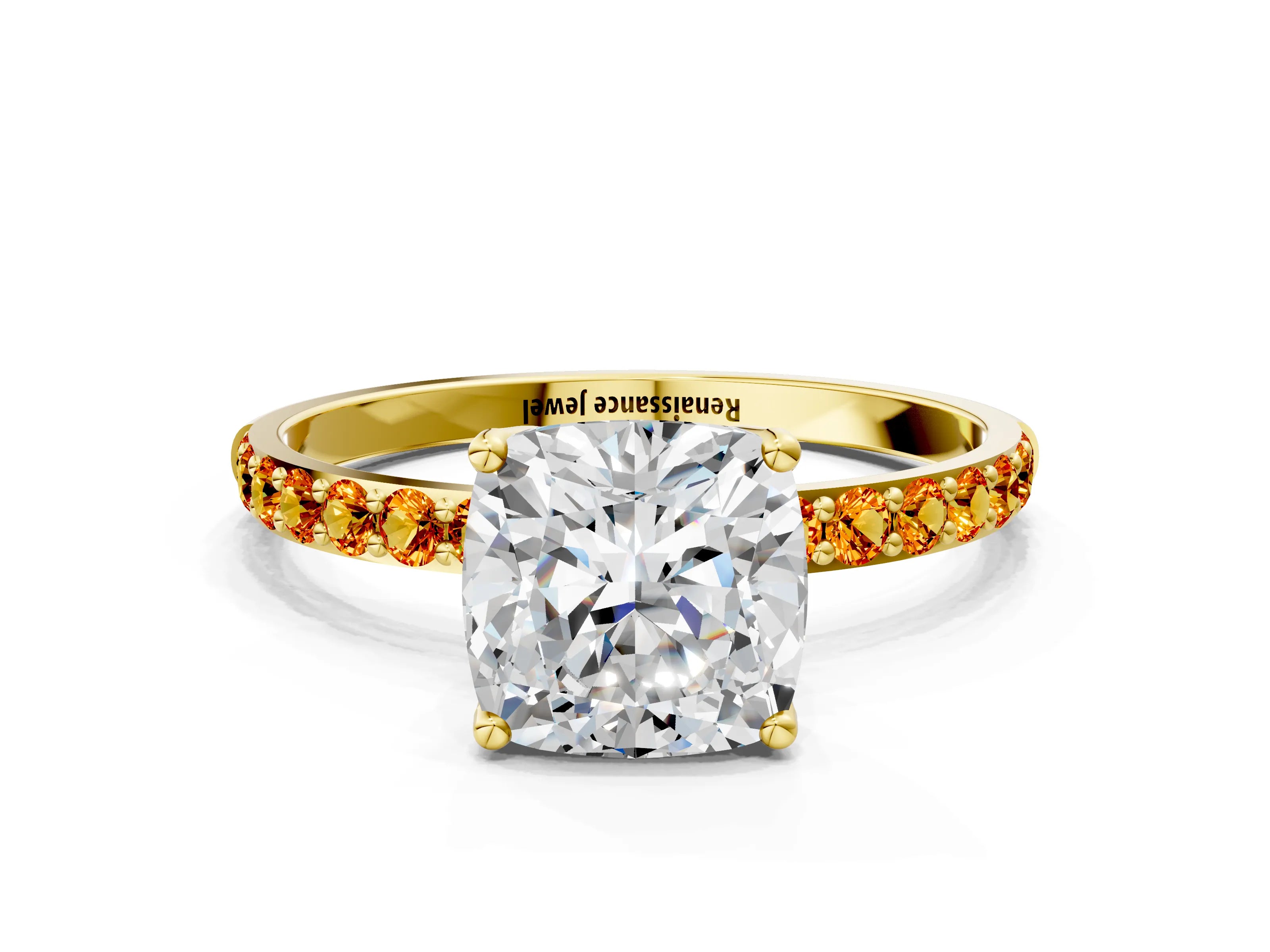 Yellow gold Cushion Cut Diamond Solitaire Engagement Ring with Round with Citrine side stone Pavé Band and Prong Setting