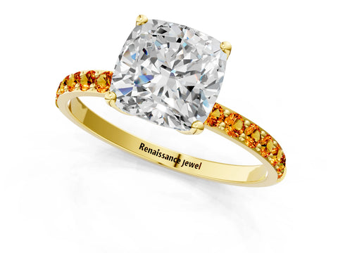 Yellow gold Cushion Cut Diamond Solitaire Engagement Ring with Round with Citrine side stone Pavé Band and Prong Setting_1