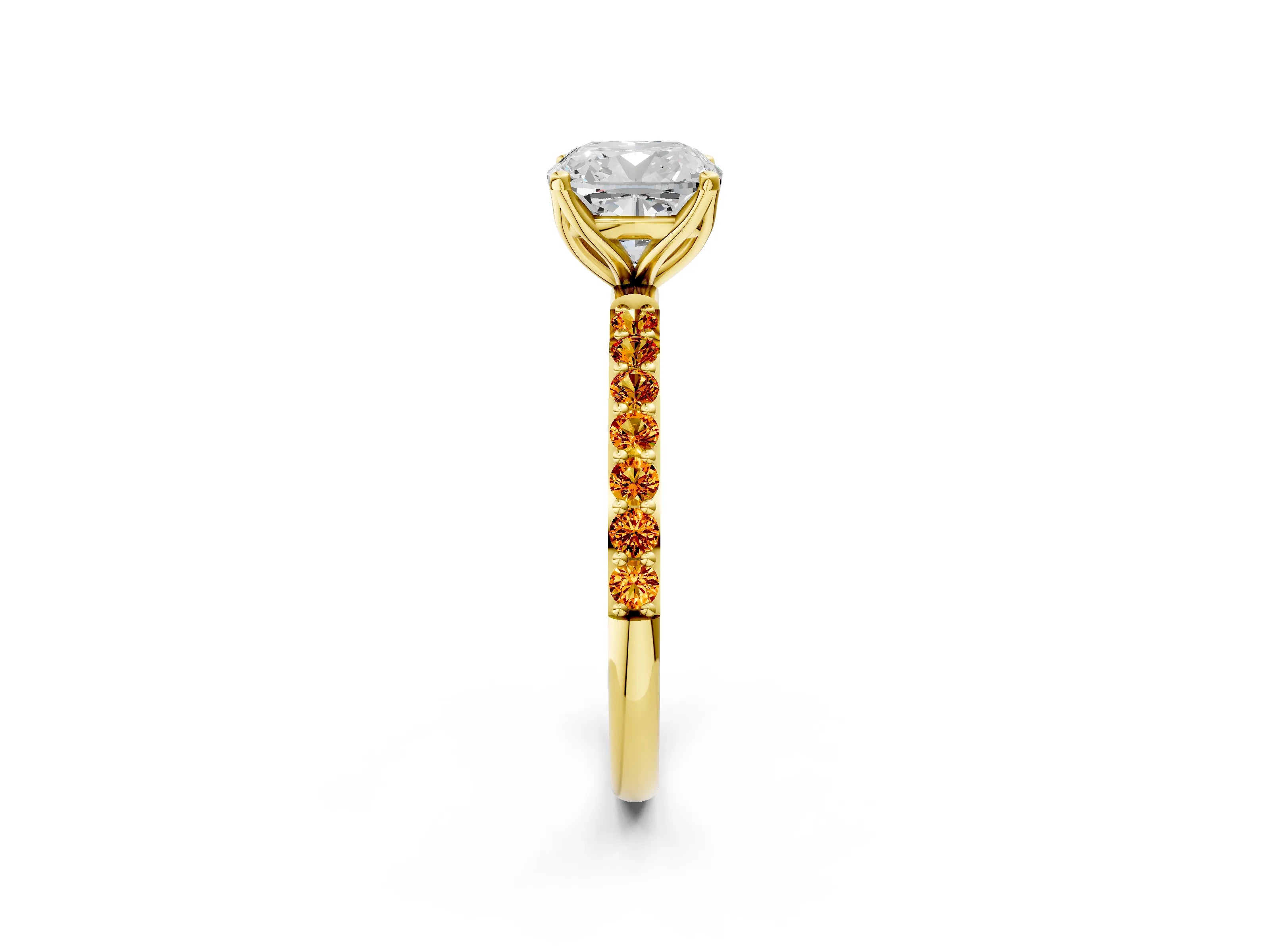 Yellow gold Cushion Cut Diamond Solitaire Engagement Ring with Round with Citrine side stone Pavé Band and Prong Setting_2