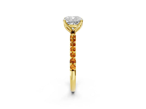 Yellow gold Cushion Cut Diamond Solitaire Engagement Ring with Round with Citrine side stone Pavé Band and Prong Setting_2