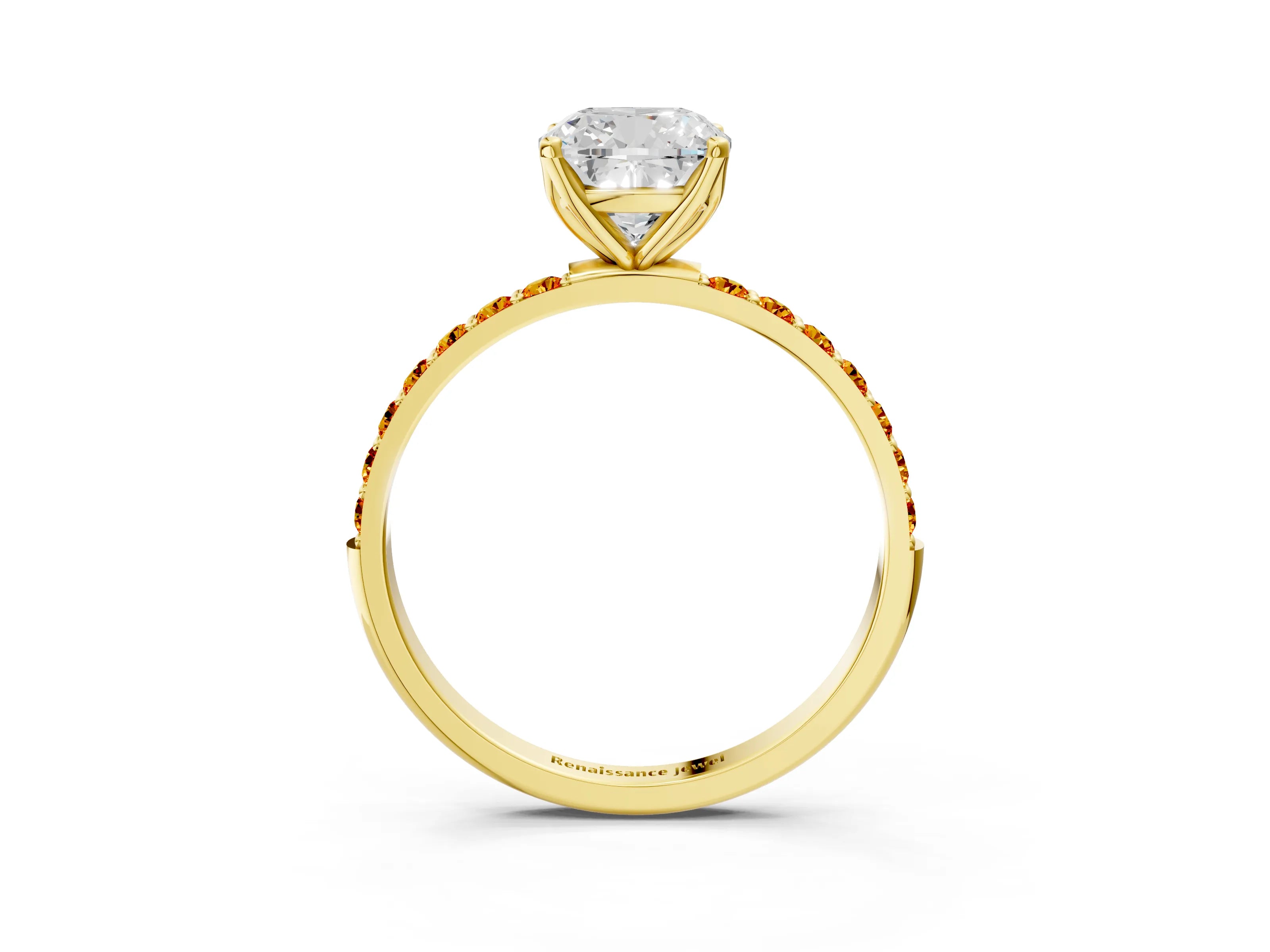 Yellow gold Cushion Cut Diamond Solitaire Engagement Ring with Round with Citrine side stone Pavé Band and Prong Setting_3