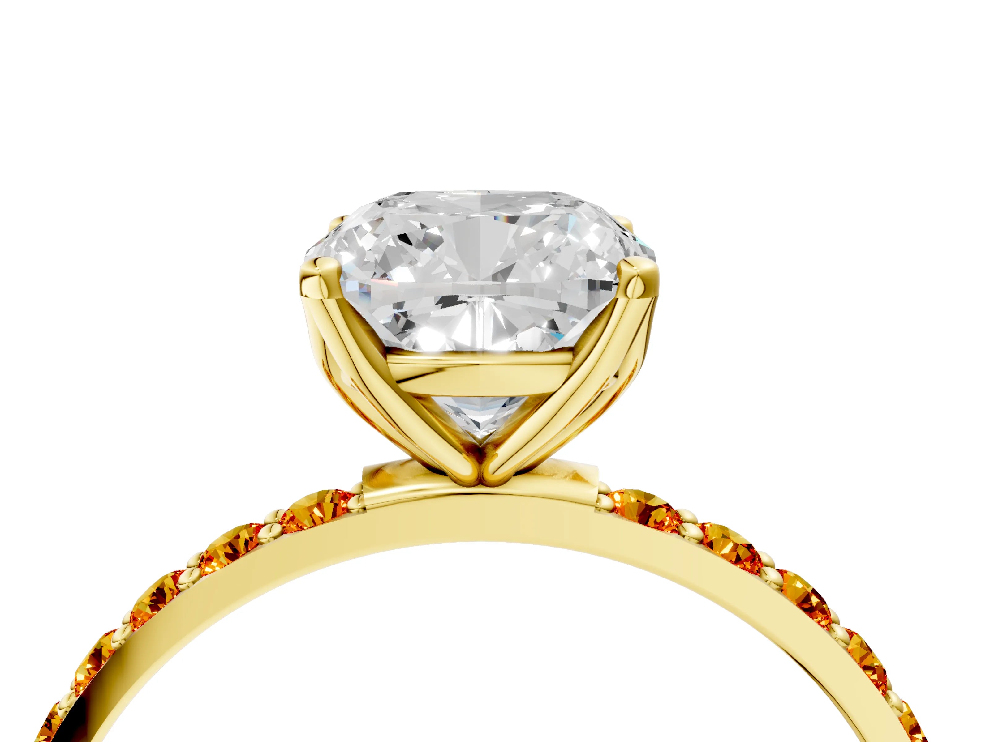 Yellow gold Cushion Cut Diamond Solitaire Engagement Ring with Round with Citrine side stone Pavé Band and Prong Setting_4