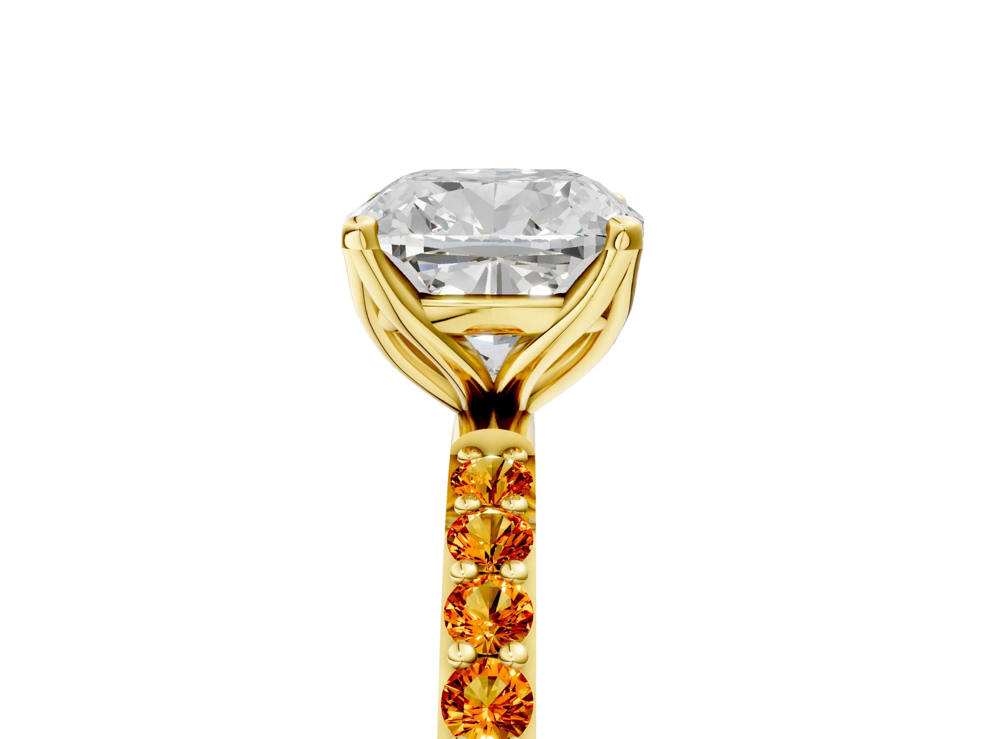 Yellow gold Cushion Cut Diamond Solitaire Engagement Ring with Round with Citrine side stone Pavé Band and Prong Setting_5