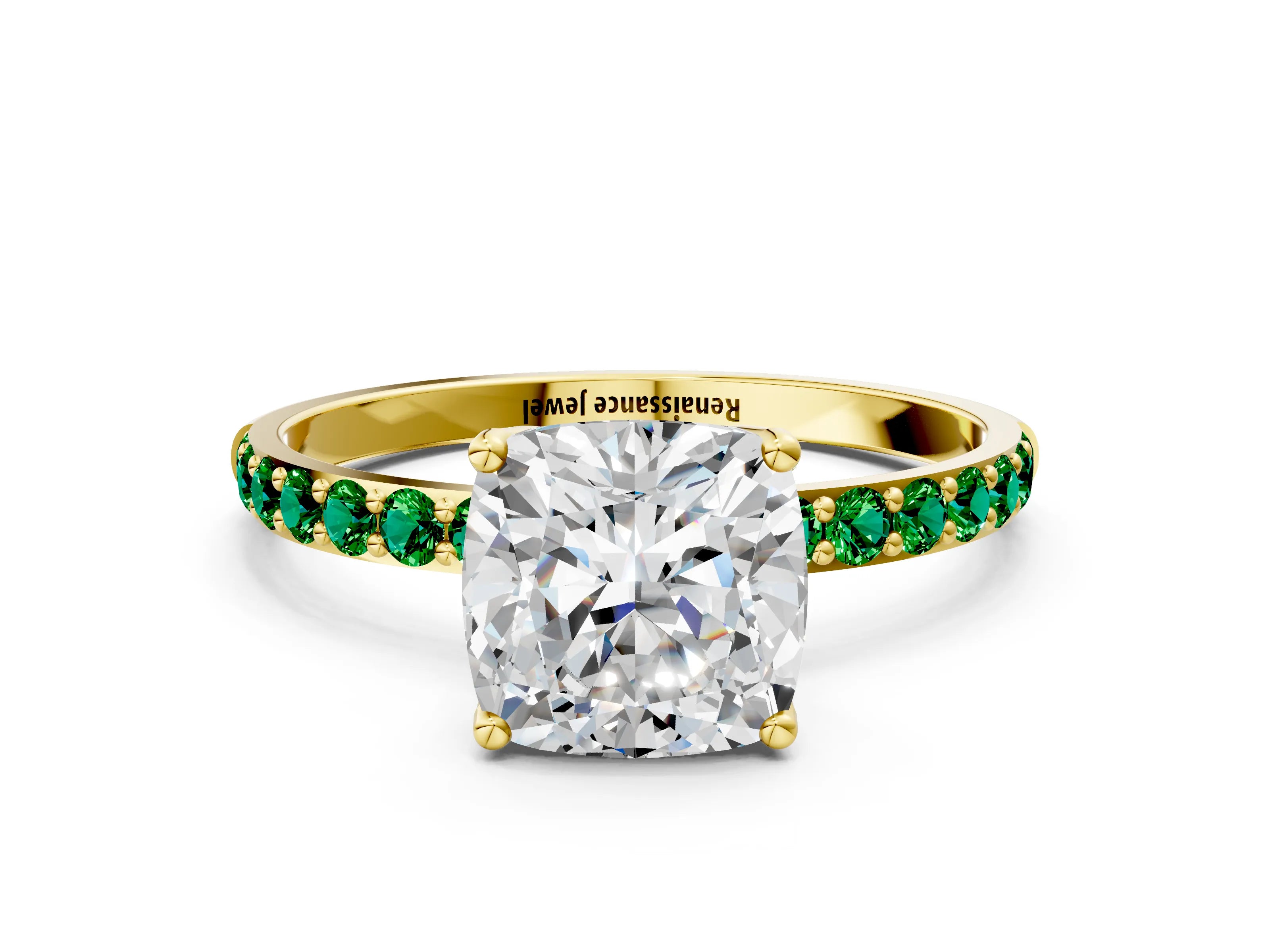 Yellow gold Cushion Cut Diamond Solitaire Engagement Ring with Round with Emerald side stone Pavé Band and Prong Setting