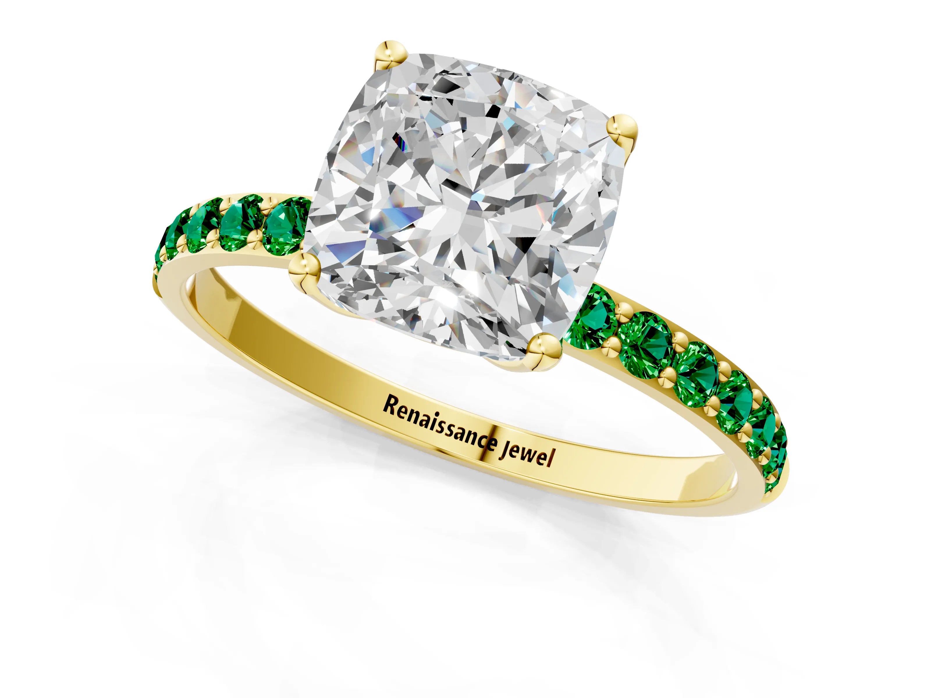 Yellow gold Cushion Cut Diamond Solitaire Engagement Ring with Round with Emerald side stone Pavé Band and Prong Setting_1
