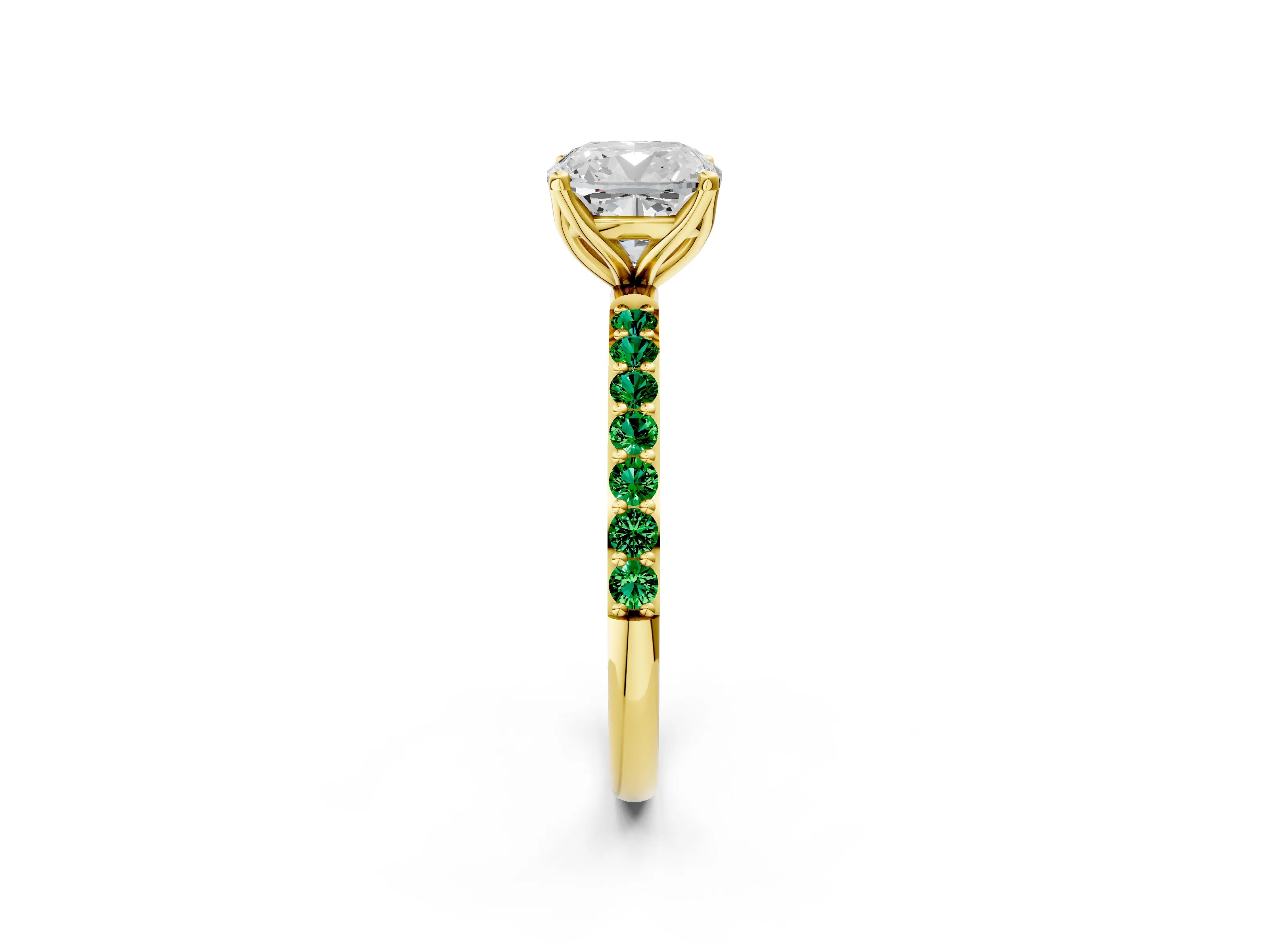 Yellow gold Cushion Cut Diamond Solitaire Engagement Ring with Round with Emerald side stone Pavé Band and Prong Setting_2