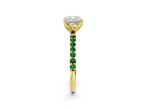 Yellow gold Cushion Cut Diamond Solitaire Engagement Ring with Round with Emerald side stone Pavé Band and Prong Setting_2