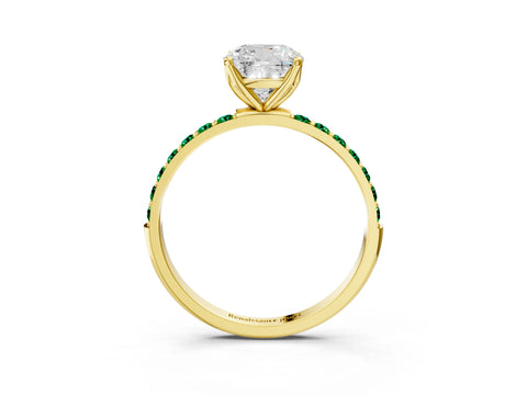 Yellow gold Cushion Cut Diamond Solitaire Engagement Ring with Round with Emerald side stone Pavé Band and Prong Setting_3