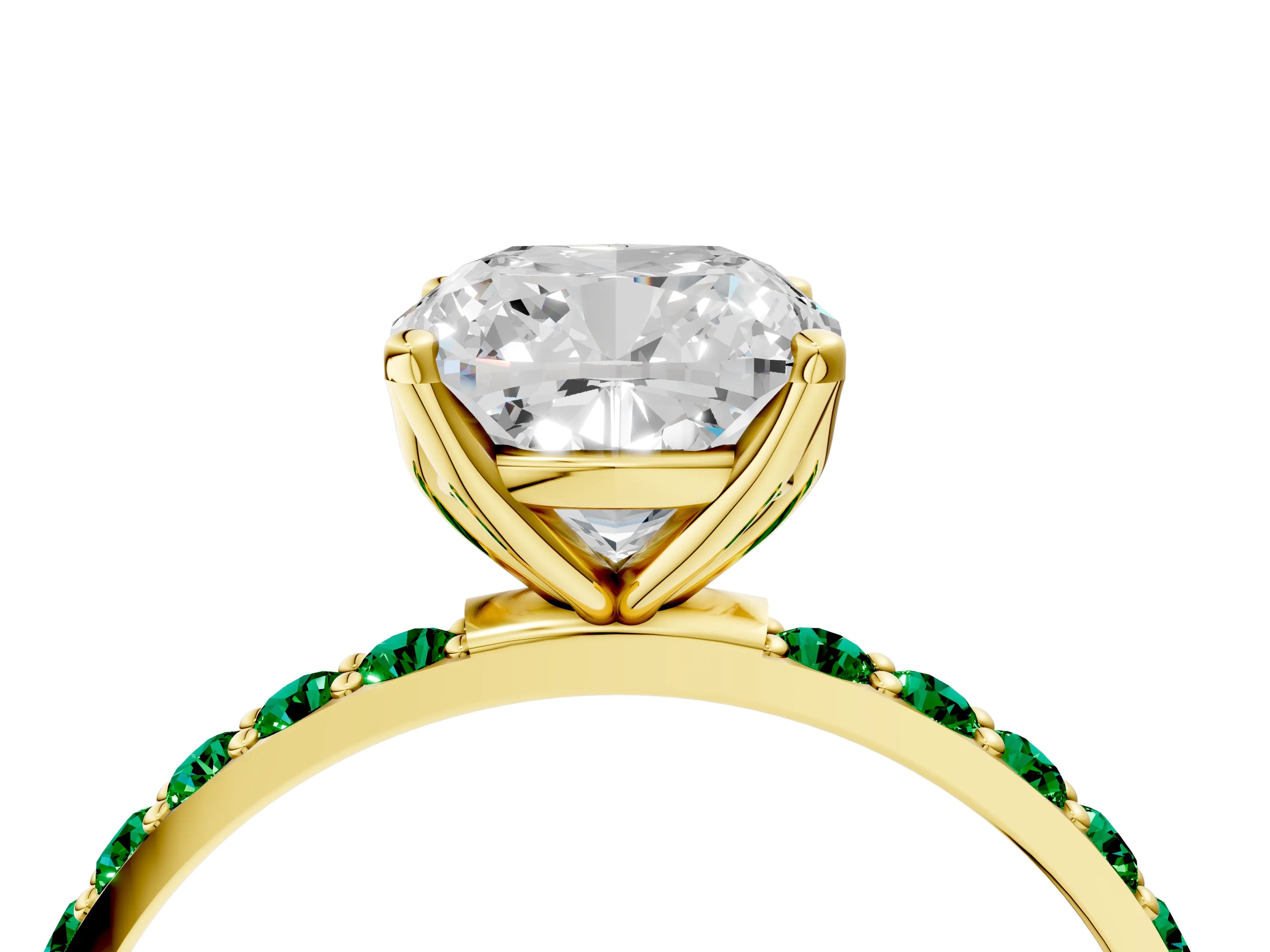 Yellow gold Cushion Cut Diamond Solitaire Engagement Ring with Round with Emerald side stone Pavé Band and Prong Setting_4