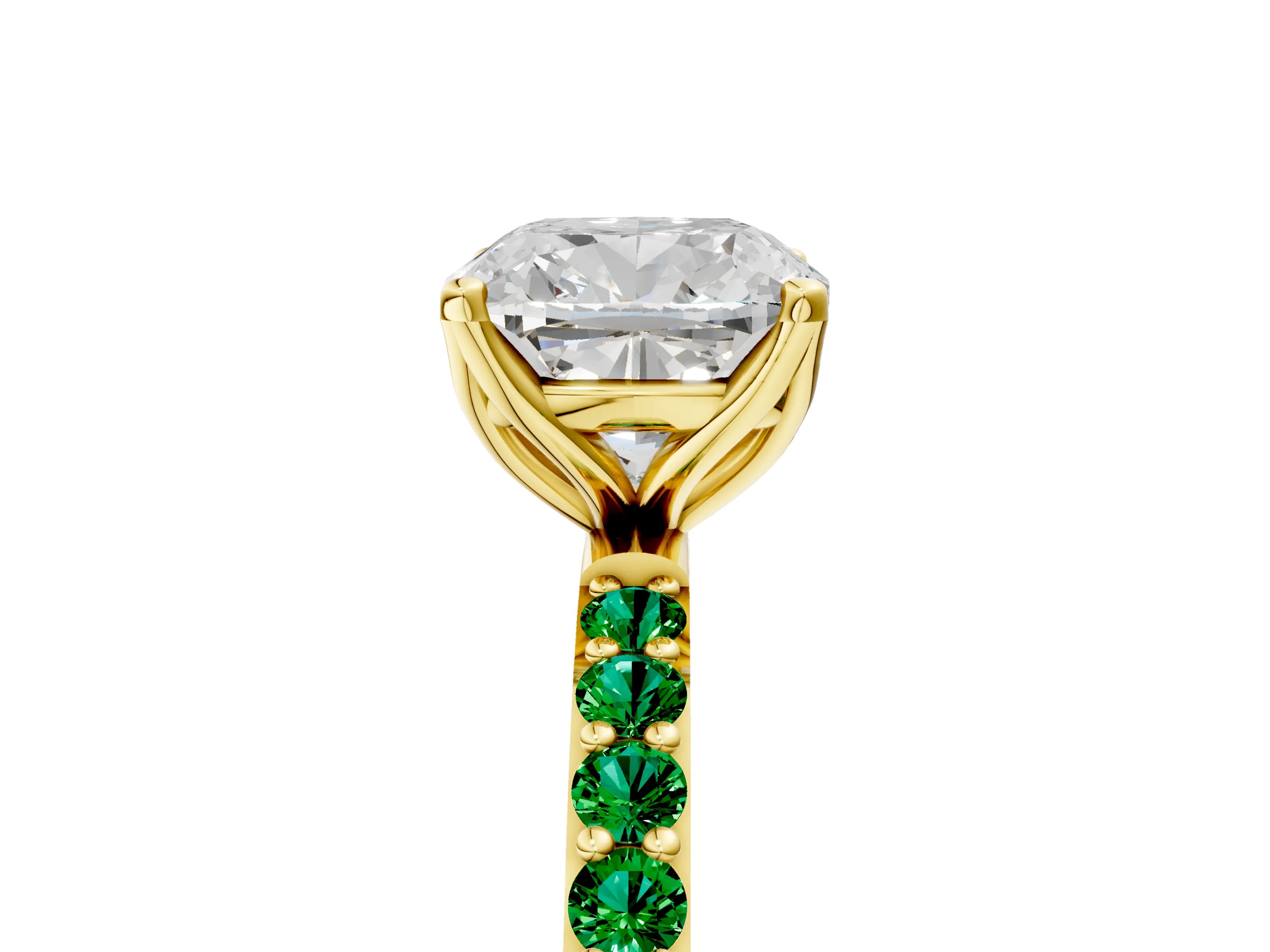 Yellow gold Cushion Cut Diamond Solitaire Engagement Ring with Round with Emerald side stone Pavé Band and Prong Setting_5
