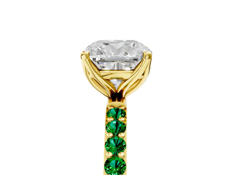 Yellow gold Cushion Cut Diamond Solitaire Engagement Ring with Round with Emerald side stone Pavé Band and Prong Setting_5