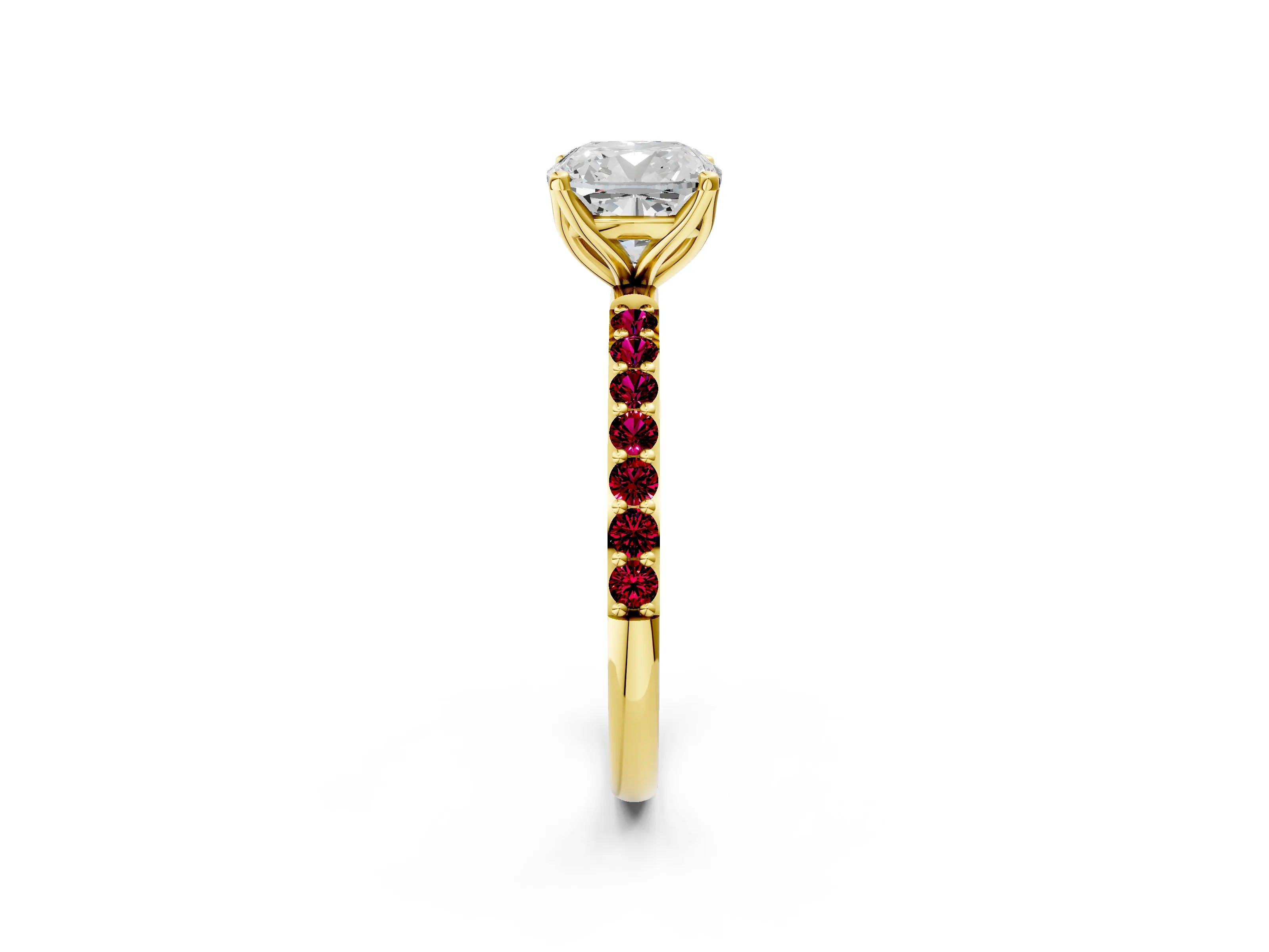 Yellow gold Cushion Cut Diamond Solitaire Engagement Ring with Round with Garnet side stone Pavé Band and Prong Setting_2