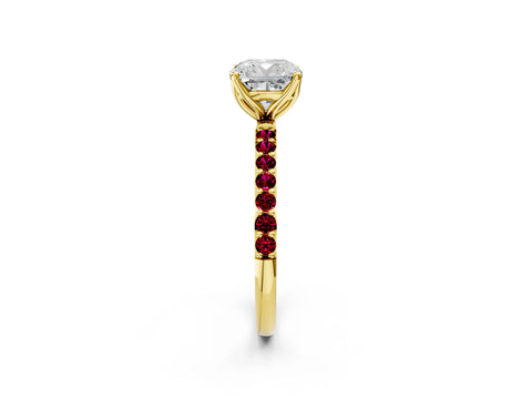 Yellow gold Cushion Cut Diamond Solitaire Engagement Ring with Round with Garnet side stone Pavé Band and Prong Setting_2