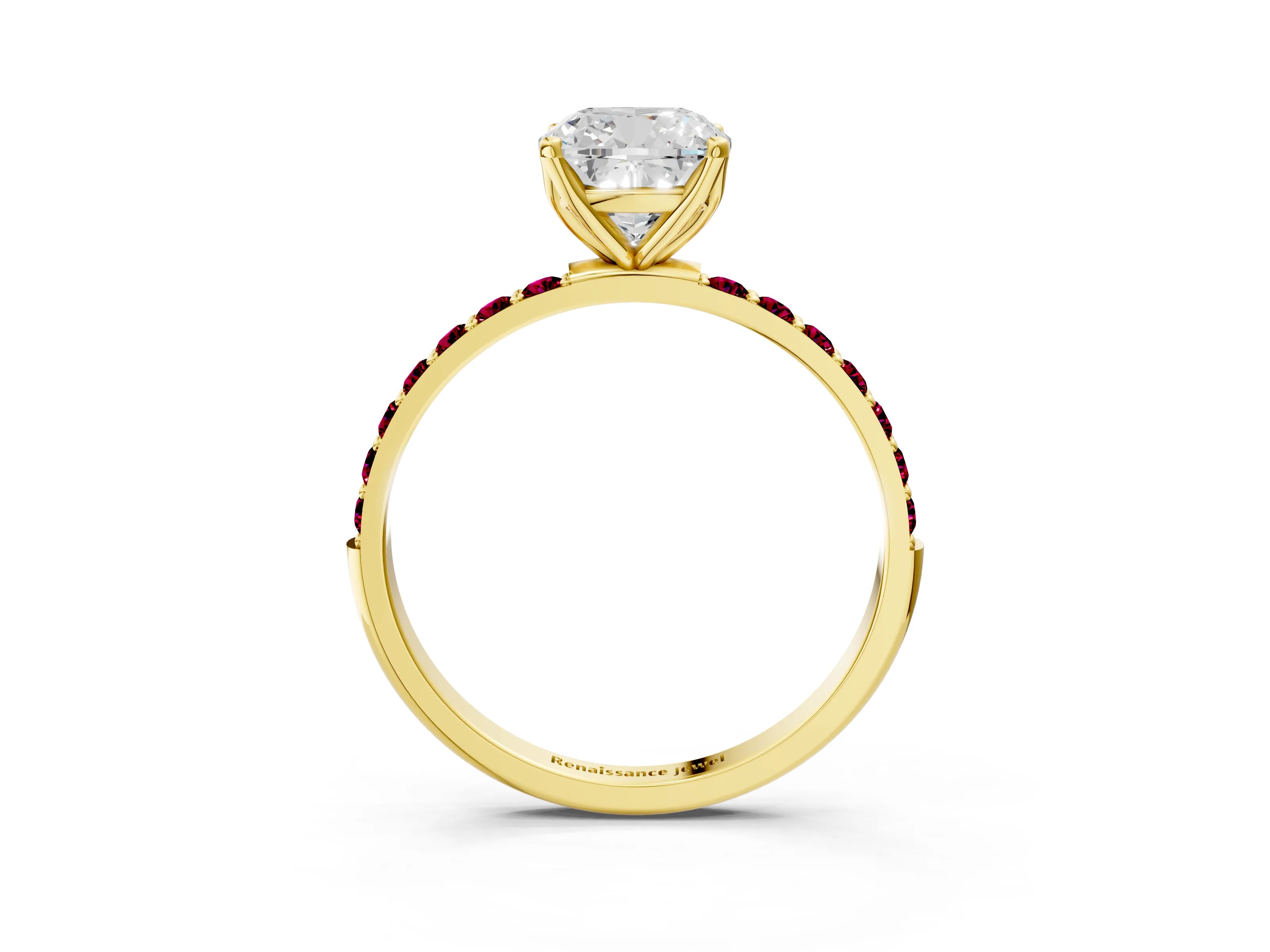 Yellow gold Cushion Cut Diamond Solitaire Engagement Ring with Round with Garnet side stone Pavé Band and Prong Setting_3