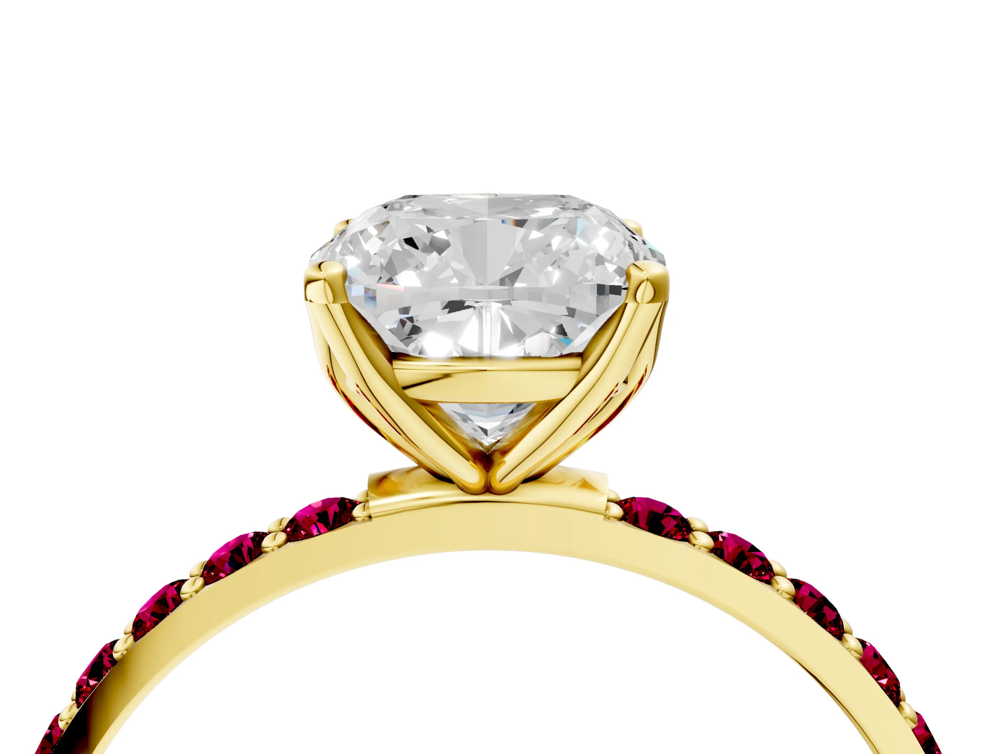 Yellow gold Cushion Cut Diamond Solitaire Engagement Ring with Round with Garnet side stone Pavé Band and Prong Setting_4