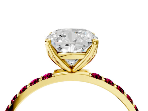 Yellow gold Cushion Cut Diamond Solitaire Engagement Ring with Round with Garnet side stone Pavé Band and Prong Setting_4