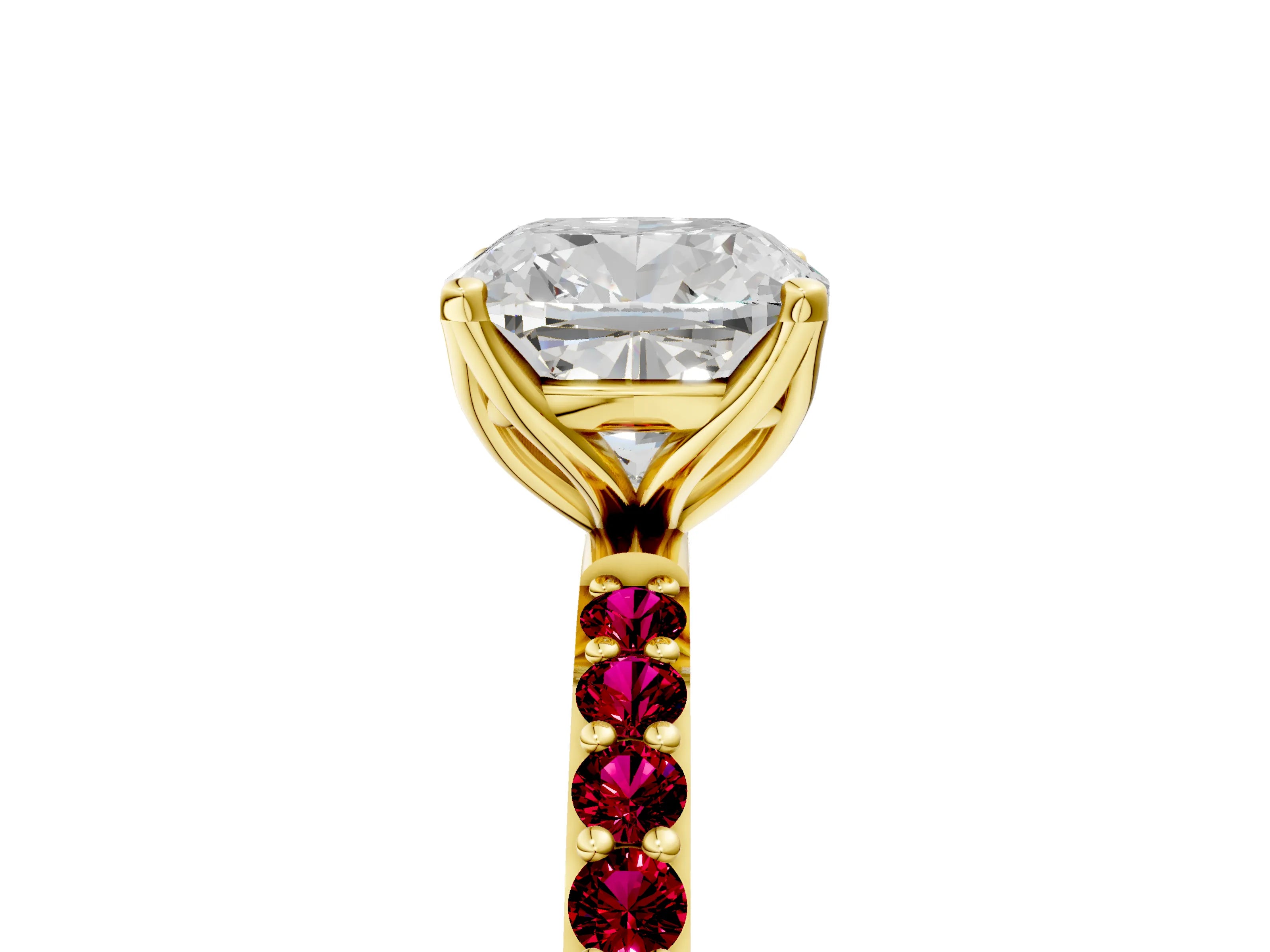 Yellow gold Cushion Cut Diamond Solitaire Engagement Ring with Round with Garnet side stone Pavé Band and Prong Setting_5